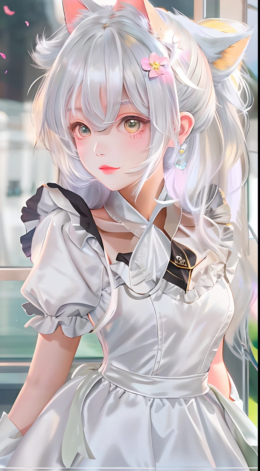 there is a woman with a white dress posing for a picture, cosplay of a catboy! maid! dress, Anime girl cosplay, cute anime waifu in a nice dress, small curvaceous loli, loli in dress, Anime cosplay, Loli, cosplay foto, azur lane style, portrait of magical lolita girl, White hair,mediuml breasts,beauitful face
