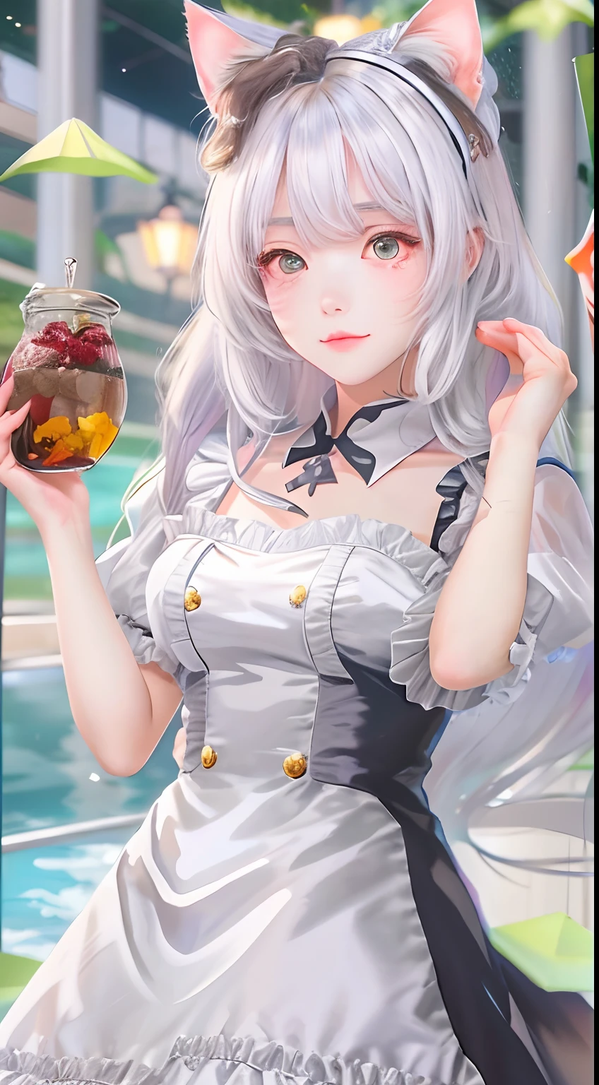 there is a woman with a white dress posing for a picture, cosplay of a catboy! maid! dress, Anime girl cosplay, cute anime waifu in a nice dress, small curvaceous loli, loli in dress, Anime cosplay, Loli, cosplay foto, azur lane style, portrait of magical lolita girl, White hair,mediuml breasts,beauitful face