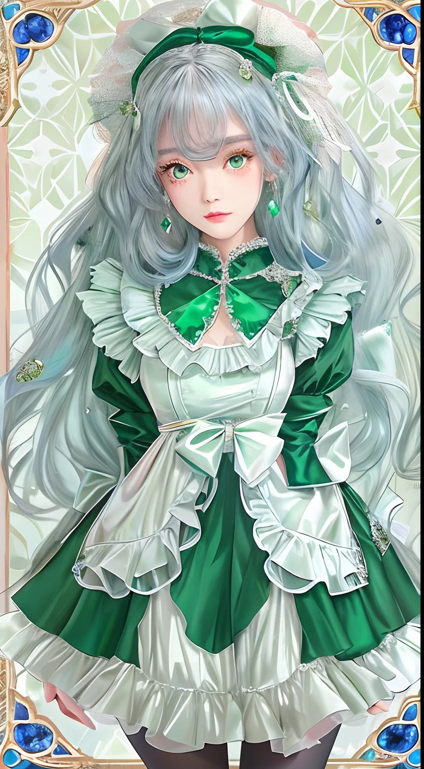 The appearance is very attractive, Wear a pair of emerald pantyhose，Wearing an emerald green and white Lolita dress，Fair and delicate skin，The eyes are a pair of clear and bright sapphire blues，The hair is sapphire green，waist-high，The whole person exudes a fresh and lovely atmosphere，16 yaers old，Extremely realistic