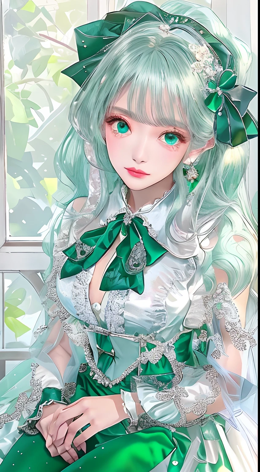 The appearance is very attractive, Wear a pair of emerald pantyhose,Wearing an emerald green and white ta dress,Fair and delicate skin,The eyes are a pair of clear and bright sapphire blues,The hair is sapphire green,waist-high,The whole person exudes a fresh and lovely atmosphere,16 yaers old,Extremely realistic