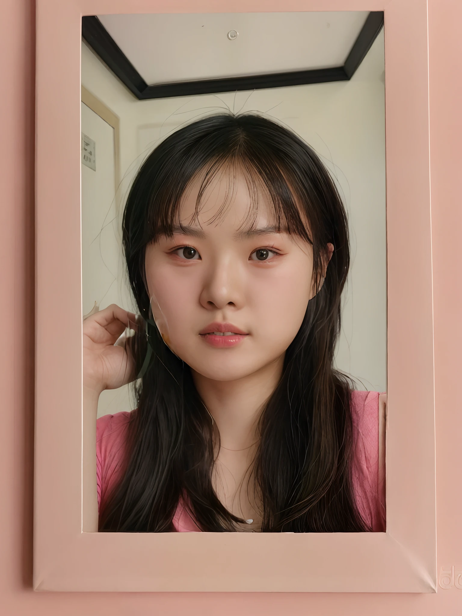 There is a photo of a woman with long hair and a pink shirt, passport photo, Yun Ling, wenfei ye, Li Zixin, Qiu Fang, Zhang Pengzhen, xintong chen, xision wu, jinyiwei, wenjun lin, wei wang, Lin Qifeng, xiaofan zhang, south east asian with round face, xue han