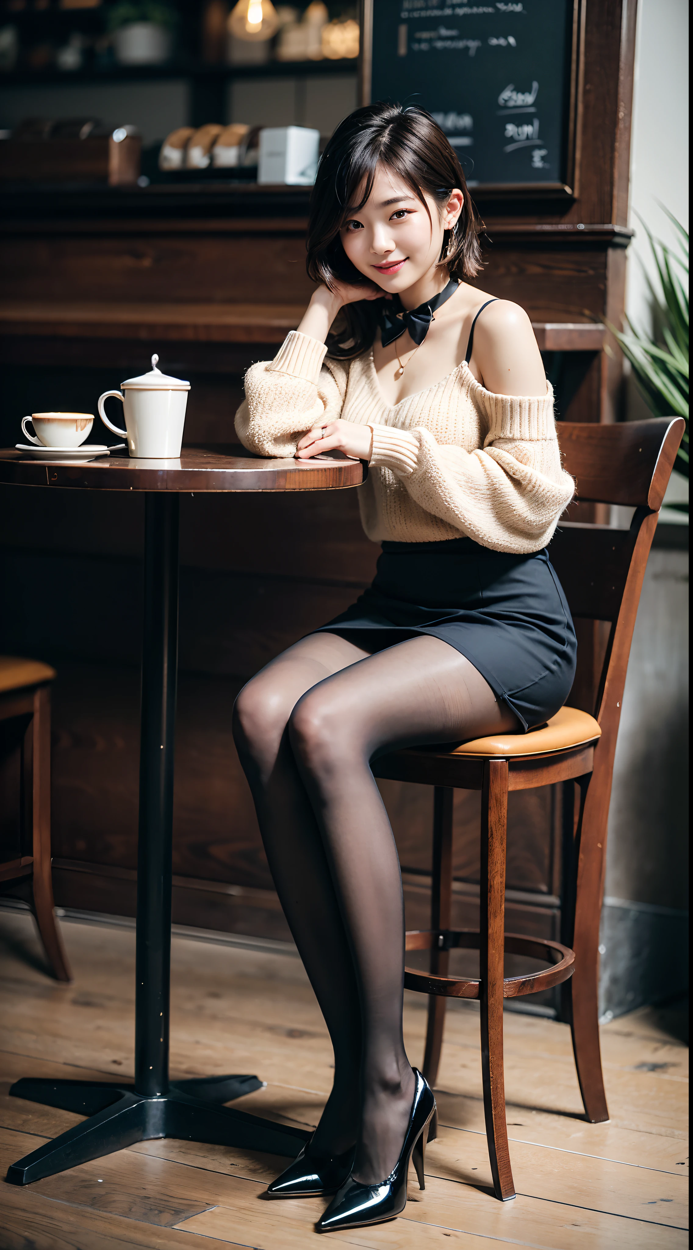 8k uhd, dslr,film grain, Fujifilm XT3,(best quality:1.3), (masterpiece:1.1), high resolution, cinematic light, intricate details, (photorealistic),outside,beautiful outside,sunny,
korean girl,(in cafe:1.5) , dimples, bobcut, looking at viewer, detailed trees, ribbons, bowties, bare shoulders, ribbed sweater, 
pencil skirt, high-waist skirt, head rest, sitting, indoors,
 necklace,black pantyhose, sheet transportation sweater, (smile),(full body:1.6),slender,