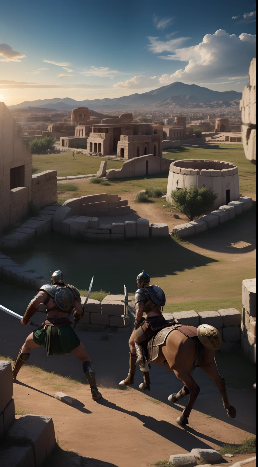 Spartan warriors are training for battle. The image is set against a backdrop of the city of Sparta. epic, realistic, 8k