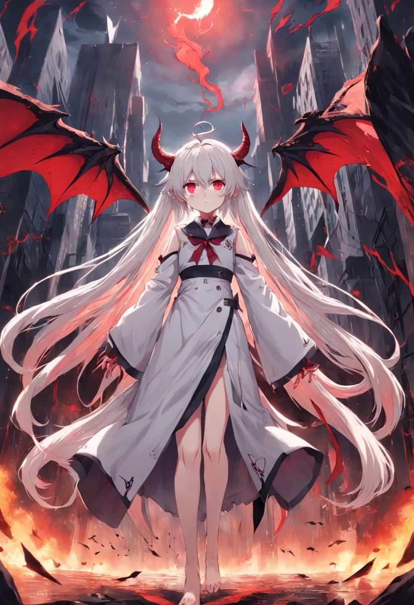 whaite hair,Red eyes,long whitr hair,demonic horns,Broken sailor suit,Adult body type,There are demon wings behind it,There was a little blood on his body,8K,Look into the camera,Dynamic,Background of destroyed cities