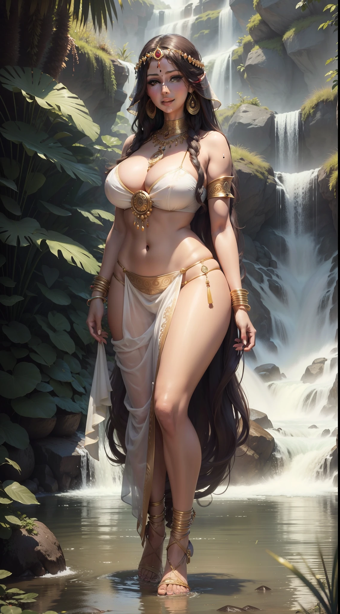 Lucy Pinder as a pretty indian princess, young, beautiful, completely naked, large eyes, long eye lashes, long dark brown flowing hair, wearing bindi, long earrings, heavy golden necklace, holding a loose wet and white flowing cloth, smiling, large breasts, deep cleavage, standing under a waterfall, mountains in background, photorealistic, high resolution, full body front view