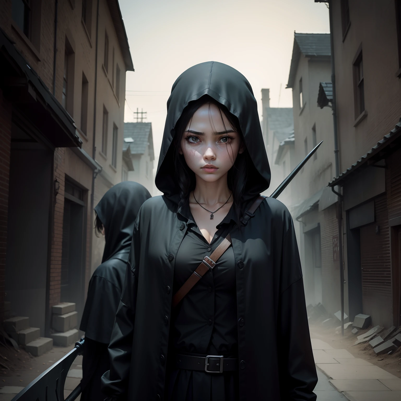 The poignant picture of the Grim Reaper holding a scythe on the girl's neck behind her back