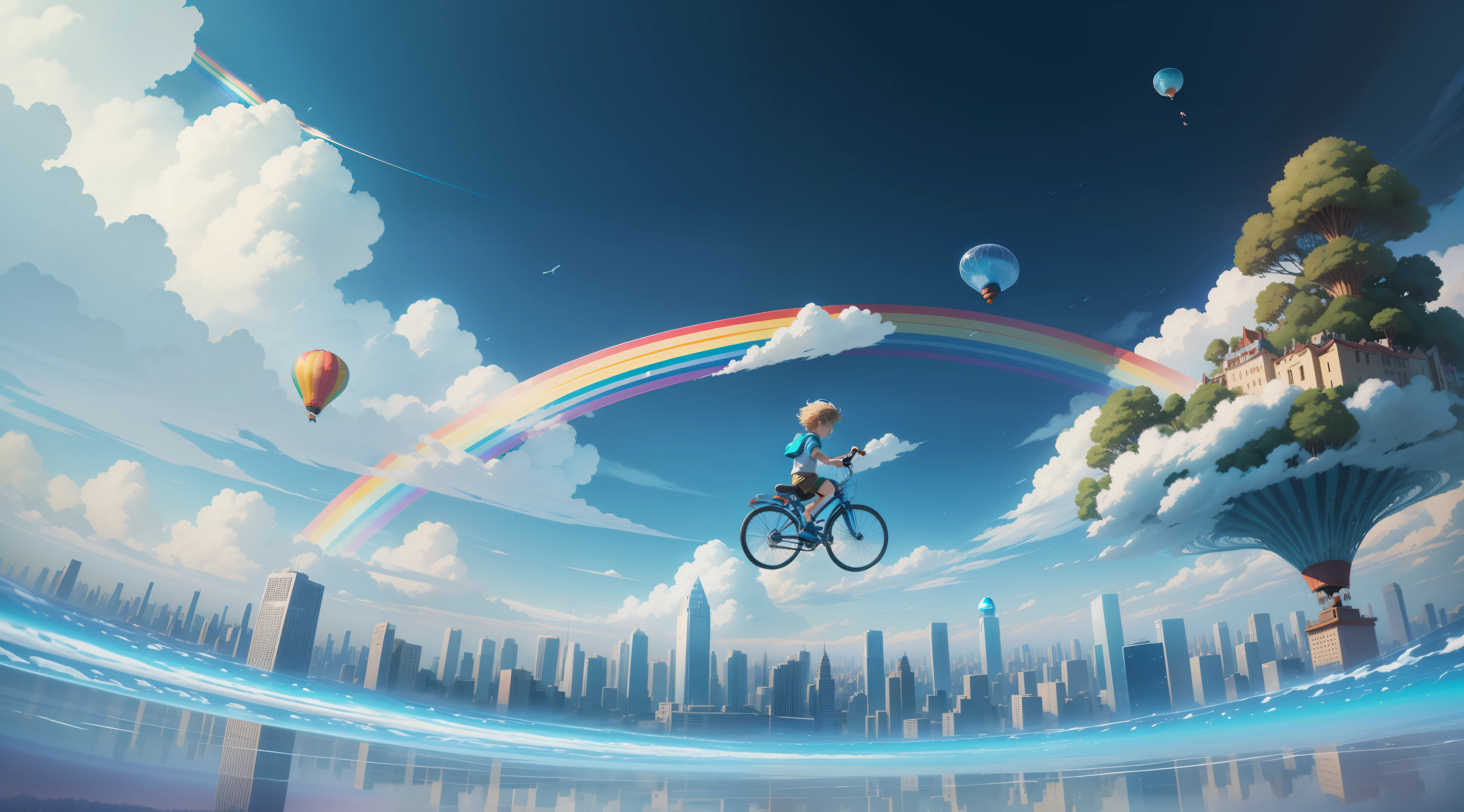 Comic style,Anime style,The ground is full of cities,There is a little boy riding a bike on the clouds,There are rainbows in the sky,with blue sky and white clouds,A lot of transparent jellyfish float in the sky,Hot air balloon floating in the sky,magic,dream magical