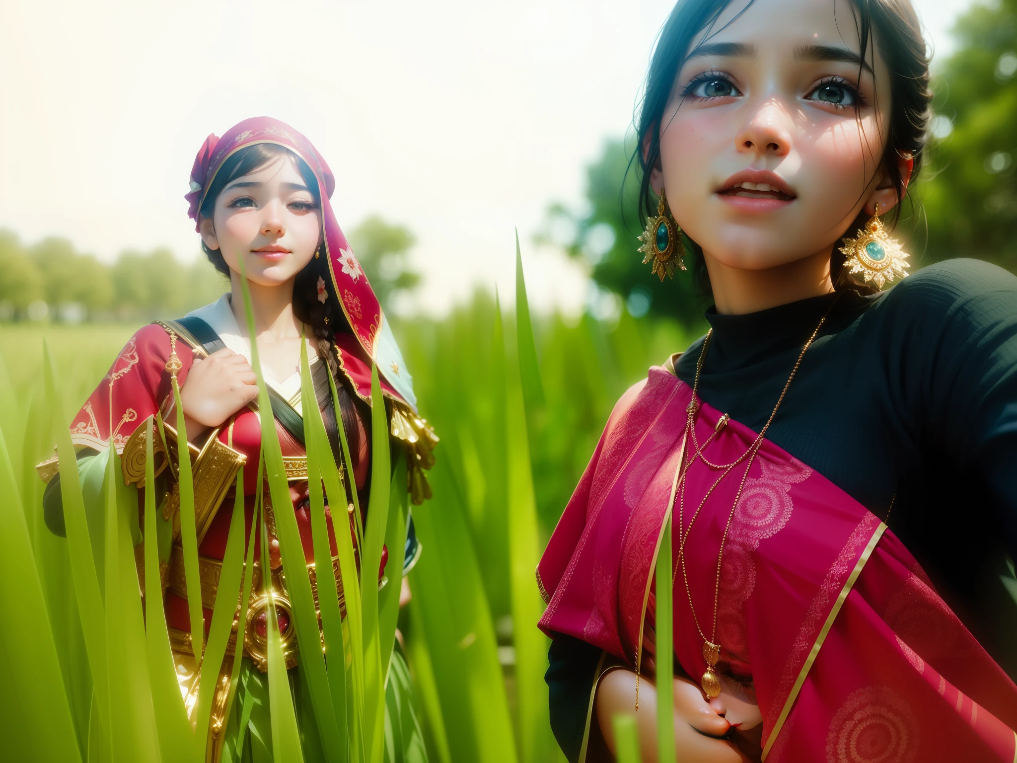 Close-up of faces, 2 girl,happy,Delicate face,Smooth skin, ( bokeh, Out of Focus, Soft Lighting, God Ray, UHD)