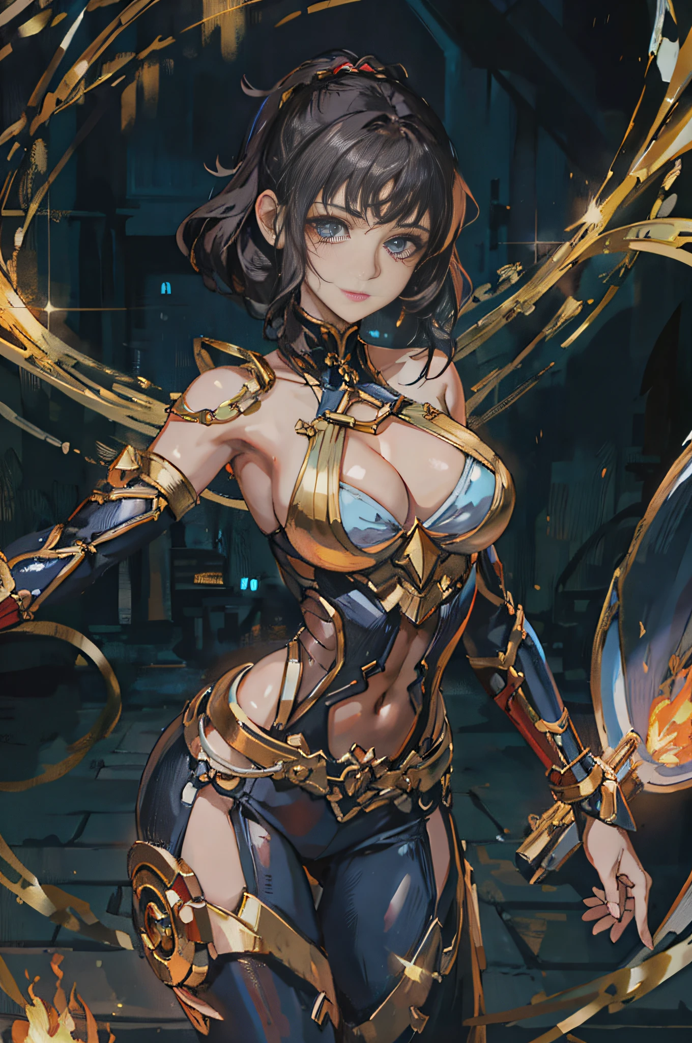 uma mulher em um traje segurando uma espada e fogo, Mechanized Valkyrie girl, necromante ciborgue santa, knights of zodiac girl, portrait knights of zodiac girl, cushart krenz arte chave feminina, meninaciante ciborgue, As Lady Mechanic, menina bruxaizada, epic mage girl character, Menina da armaduraechanical oppai, ornate bikini armor