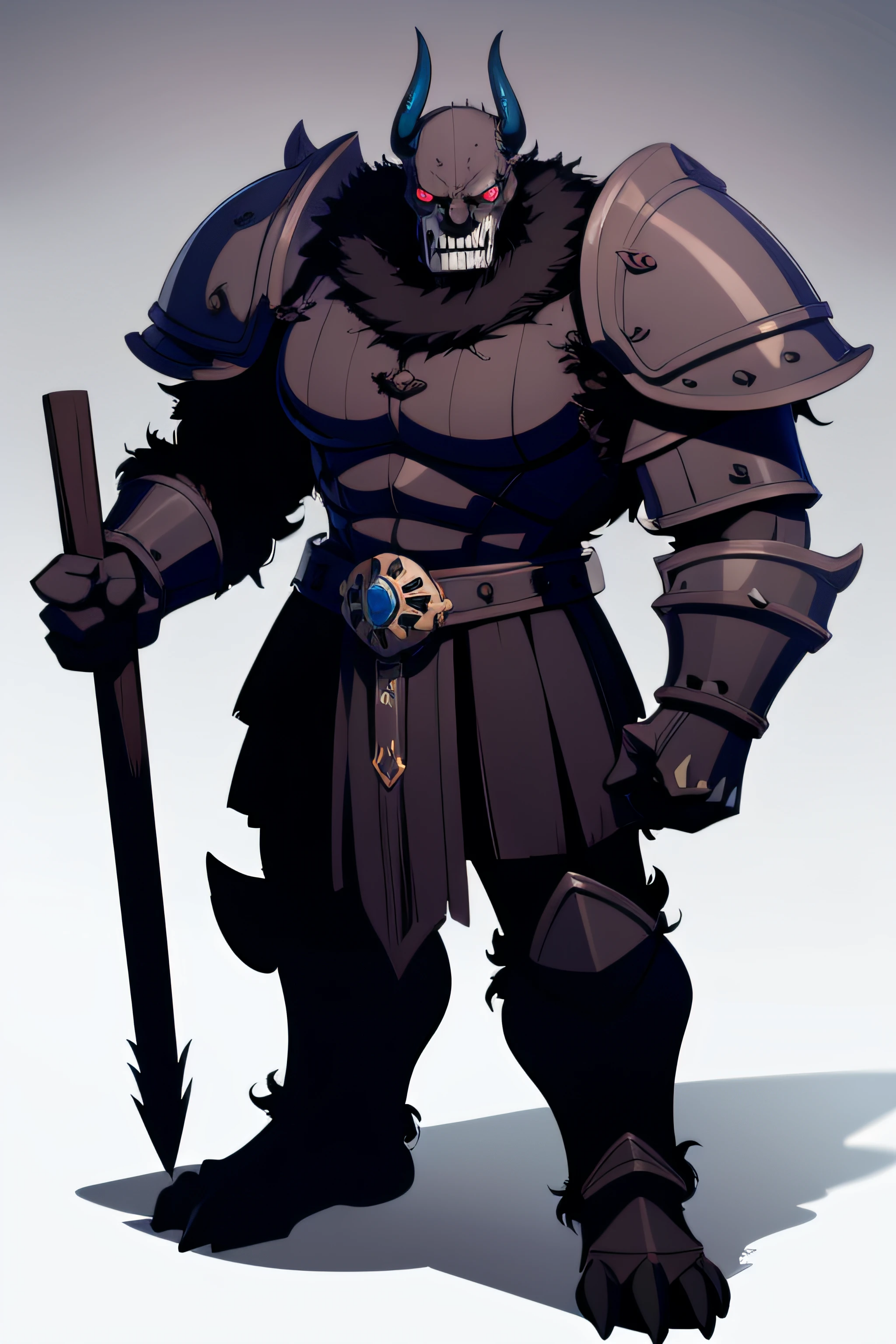 Towering demon monster game assets that are stationary in good luck, Highly detailed fur texturing, Bull's head, Nose ring earrings, Armor made of skulls, disaster々Big right hand,fullbody image
