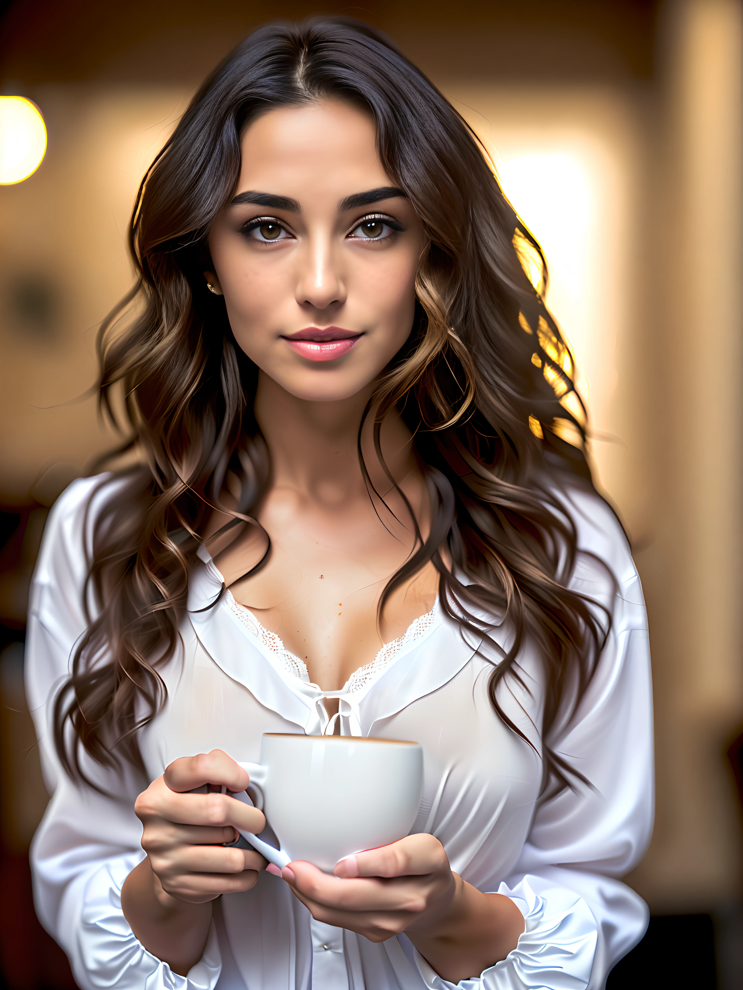 Face portrait of a woman with long dark brown curly hair with blonde highlights, light brown skin and detailed seductive eyes, wearing social blouse, drinking coffee  with blurred background, best quality masterpiece, photorealistic, detailed, 8k, HDR, shallow depth of field, wide light, high contrast, backlighting, bloom, light glows, chromatic aberration, sharp focus, RAW color photo