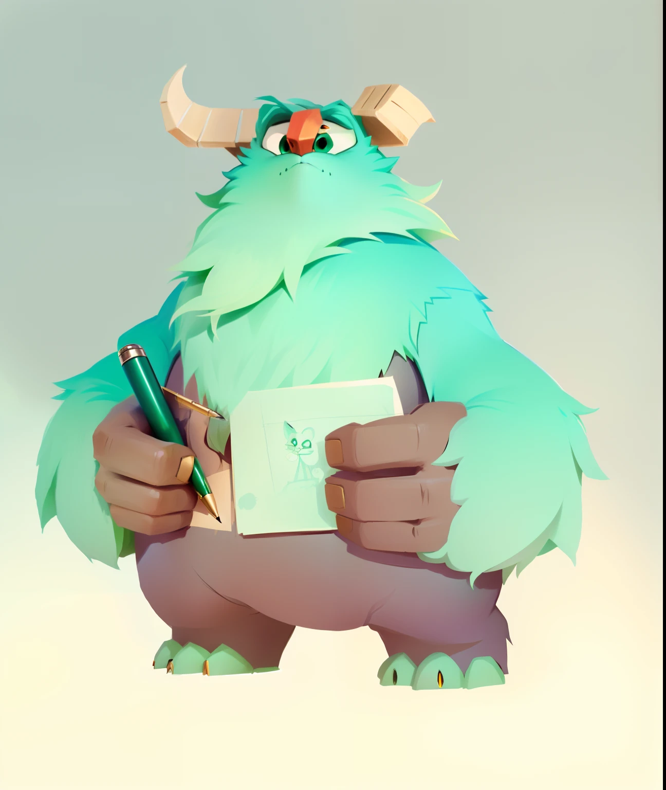 Monster cartoon characters,It has green hair,Hold with pen and paper, very stylized character design, monster character design, Furry character, Miyazaki painting style,freshen