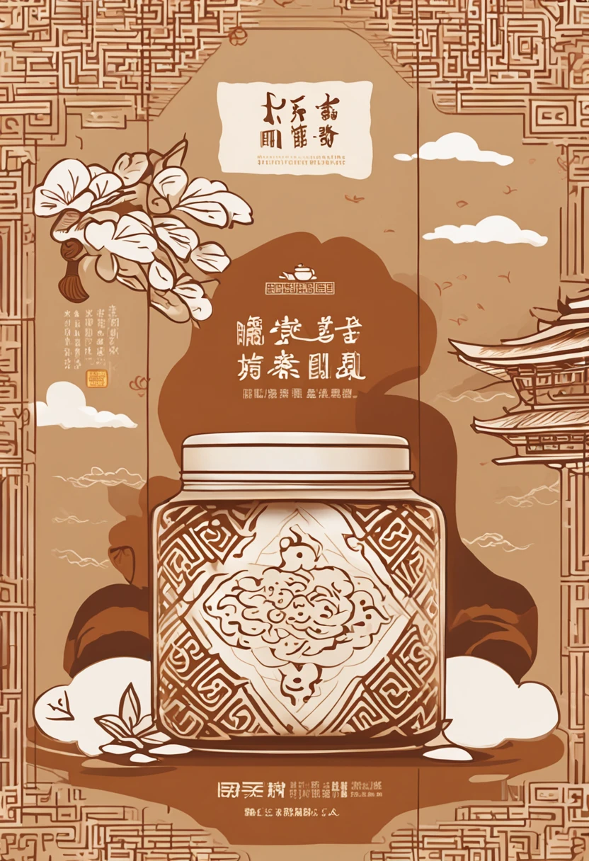(packaging design:1.1)tradit、culture,Brown sugar, ginger, cinnamon, soy milk packaging。The packaging adopts traditional patterns and patterns，Such as the traditional Chinese cloud pattern、Patterns, etc,Highlights the cultural heritage of brown sugar, ginger, cinnamon, soy milk。The background of the packaging is selected in earth tones, such as brown and yellow, which enhances the traditional and quaint sense of the packaging, and the whole packaging gives people a sense of stability、A solemn feeling，The traditional and historical value of brown sugar, ginger, cinnamon soy milk is emphasized，At the same time, it also shows the cultural heritage of the brand。