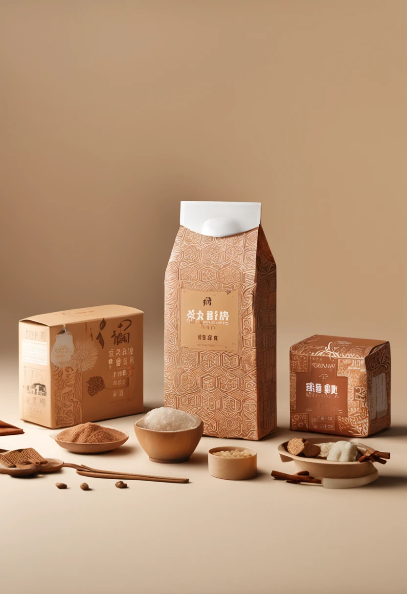 (packaging design:1.1)tradit、culture,Brown sugar, ginger, cinnamon, soy milk packaging。The packaging adopts traditional patterns and patterns，Such as the traditional Chinese cloud pattern、Patterns, etc,Highlights the cultural heritage of brown sugar, ginger, cinnamon, soy milk。The background of the packaging is selected in earth tones, such as brown and yellow, which enhances the traditional and quaint sense of the packaging, and the whole packaging gives people a sense of stability、A solemn feeling，The traditional and historical value of brown sugar, ginger, cinnamon soy milk is emphasized，At the same time, it also shows the cultural heritage of the brand。