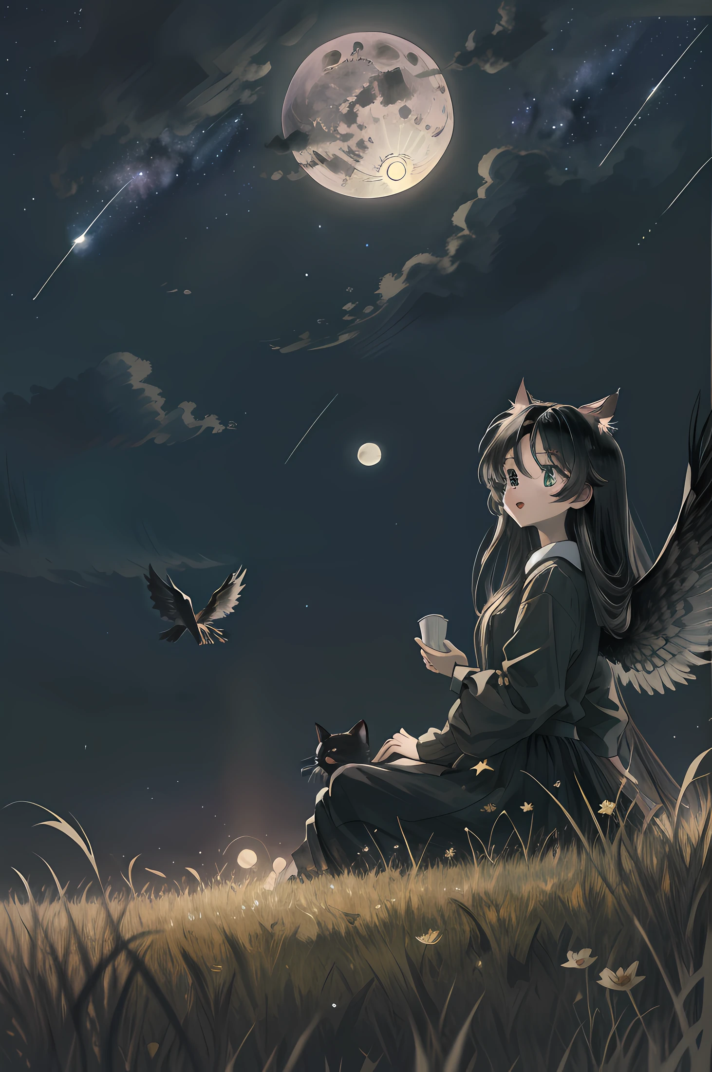 Best quality, Masterpiece, stars, sky, on a grassy field, in summer, Night, full moon, cat, a beauty girl, Disheveled hair, hair wings, Black hair, Long hair,(largeeyes),((Clear face)),tiny mouth