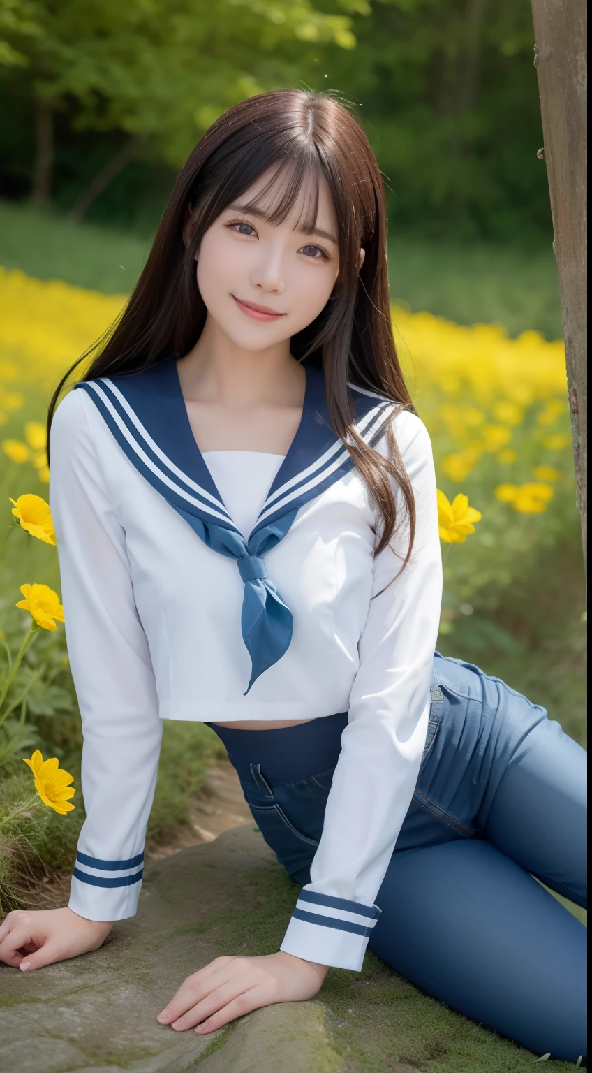 A smiling girl，Wear a tight sailor suit，denim pant，Lying on a large mossy rock in the middle of a field of rape flowers，com rosto detalhado，The eyes are delicate，The photo quality is the best，Realistic image quality，Background diffuse lighting，Depth of field display。