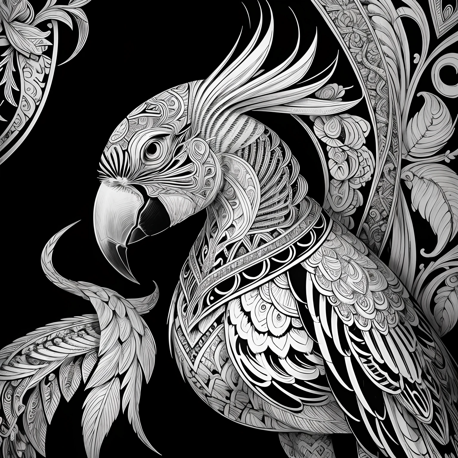 parrot, black and white, zentangle (best quality) ultra-detailed, fine line drawing, fine line art, coloring book illustration style, intricate linework, highly detailed illustration, perfect composition, beautiful and stunning, dynamic angle, high contrast, incredible shading, incredible detail, unique style, black and white details, (dark and mystical atmosphere), intricate and detailed nature elements.