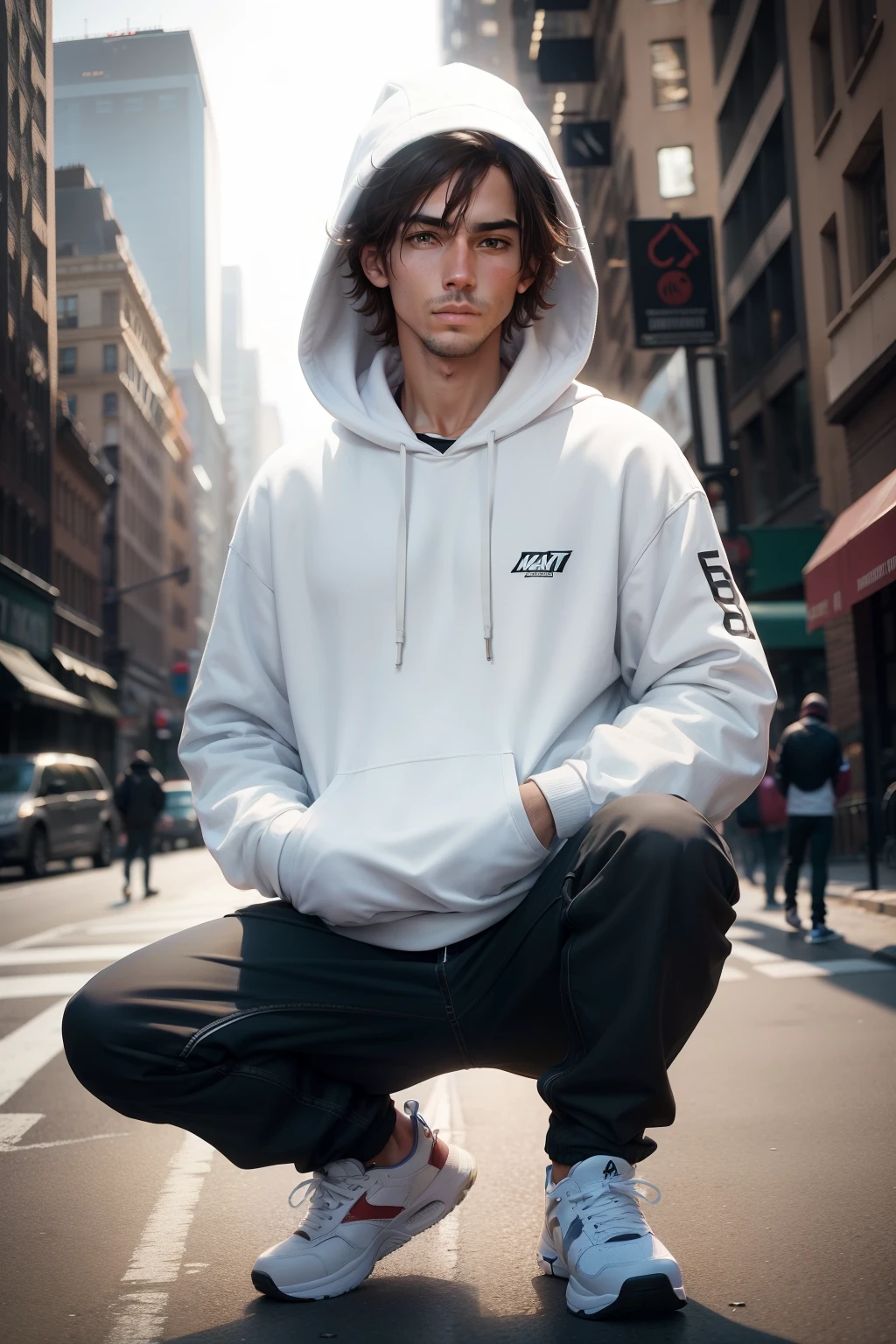 man in the street of NY skateboarding in white hoodie, realistic image