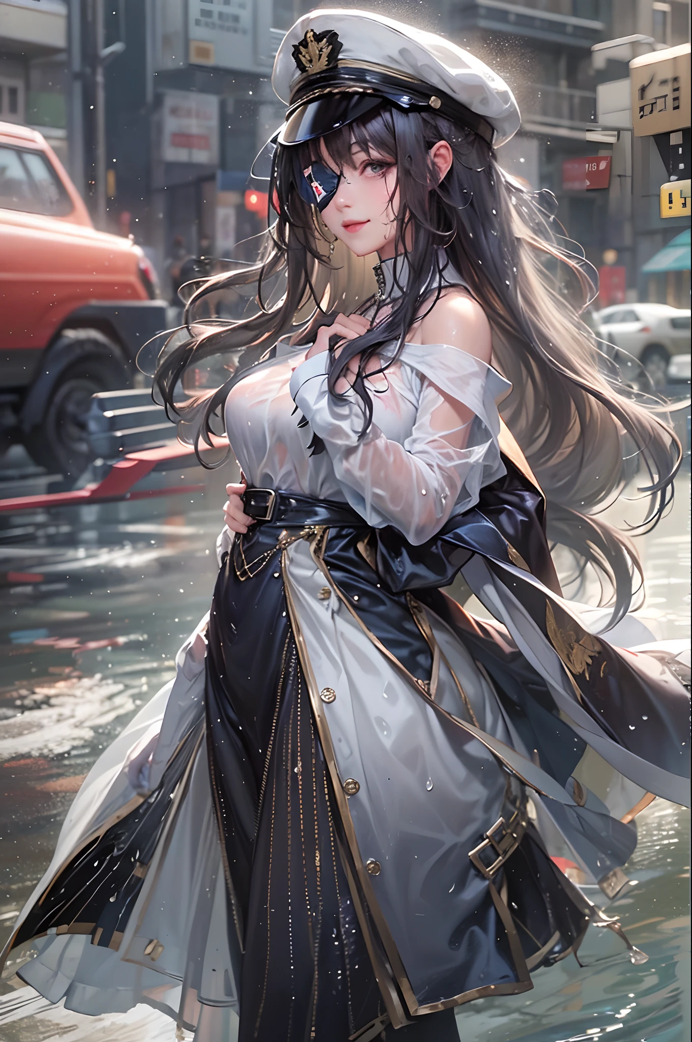 (top-quality), (masterpiece), (hight resolution), (1little girl)、(wearing an eyepatch)、(Dark hair)、(large full breasts)、(Smile) 、(Fluffy clothes)、(white military uniform)、(Get wet:1.5)、(Very delicate), top-quality, masterpiece、超A high resolution, (Photorealsitic:1.4), Raw foto, street pic, She touches the chest, Sweaty body, (sheer fabrics:1.35)(loose:1.5)、 (droopy chest), (lare breasts),Deep contrast, depth of fields, Under angle, low angles, (Lying in the city)、Background crowd、exposure blend, medium shot,