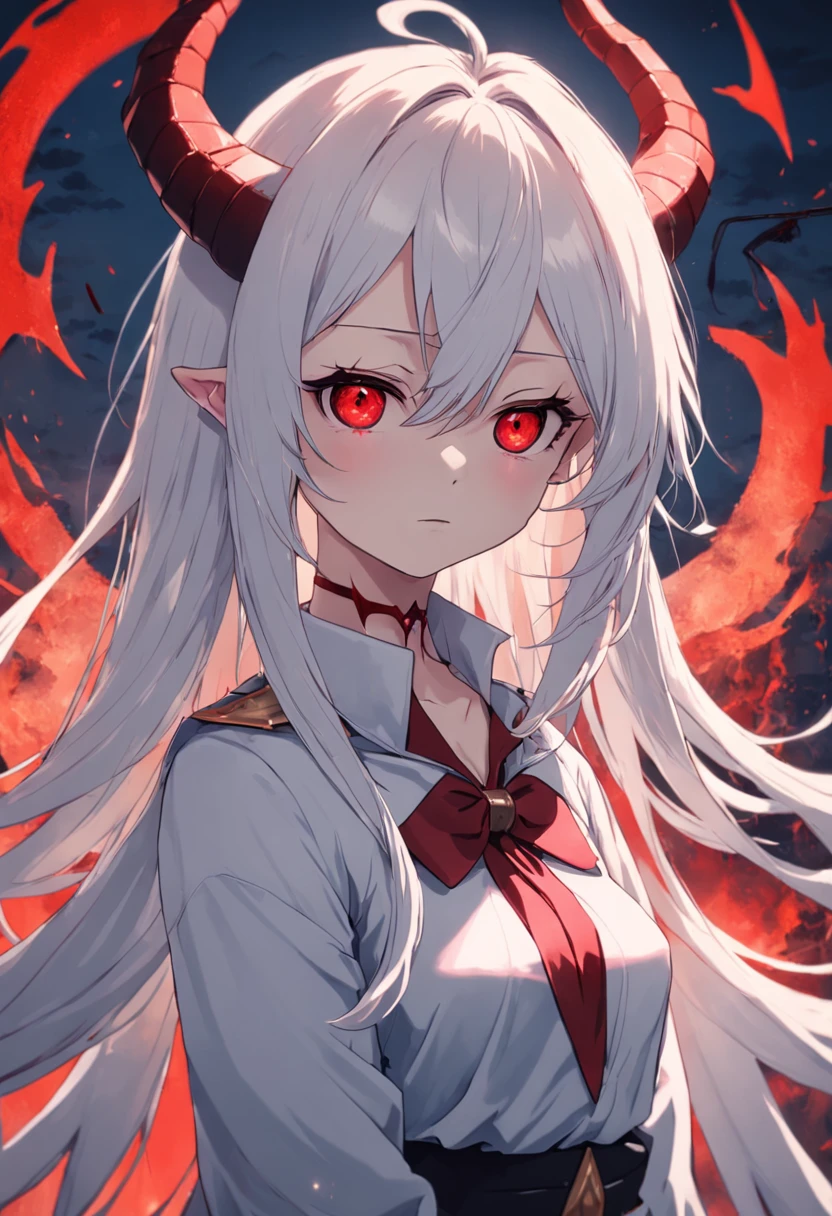 whaite hair,Red eyes,long whitr hair,demonic horns,Broken sailor suit,Girl body type,There are demon wings behind it,There was a little blood on his body,8K,Look into the camera,Empty eyes,Dynamic,Background of destroyed cities