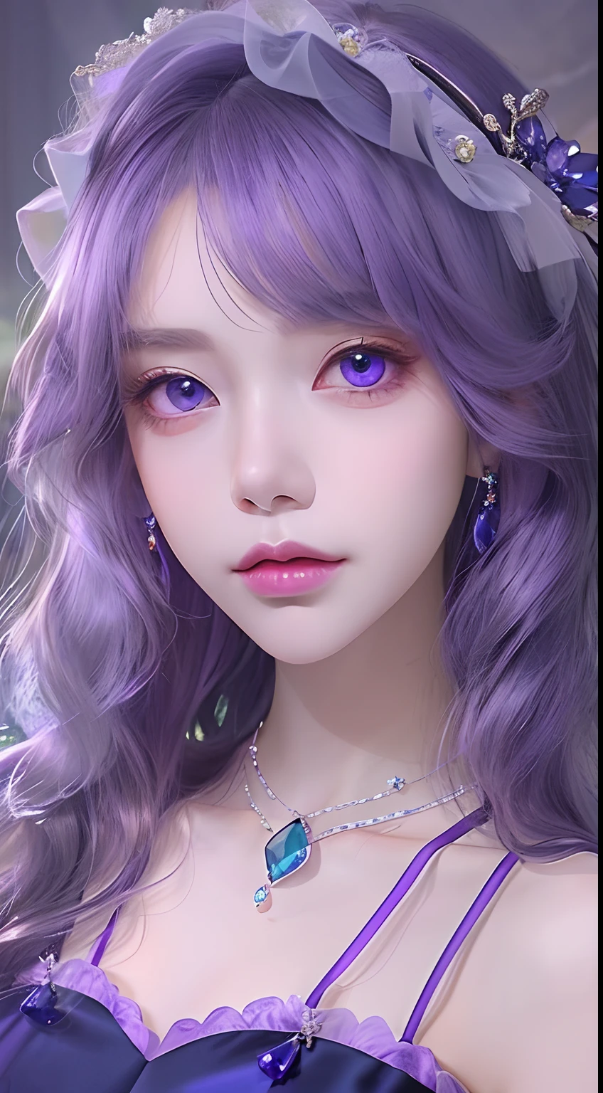 The appearance is very attractive, Wear a pair of purple gemstone pantyhose,Wearing a purple gemstone purple and white Lolita dress,Fair and delicate skin,The eyes are a pair of clear and bright sapphire blues,The hair is jewel purple,waist-high,The whole person exudes a fresh and lovely atmosphere,16 yaers old,Extremely realistic