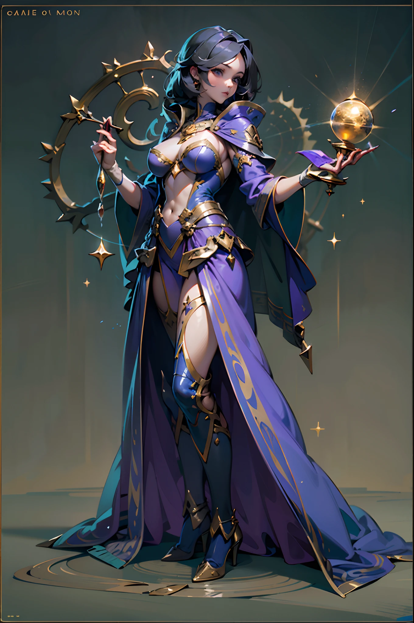 Game character standing drawing design，magestic，Gorgeous purple robes wrapped around the entire body，Holding a stout, Gorgeous staffs set with magical gemstones，Water magic，high-heels，Different layers overlay，Different angles，（full bodyesbian：1.4），solid color backdrop，clean backdrop，depth of fields，high light，Real light，Ray traching，oc rendered，Hyper-realistic，best qualtiy，8K，Works of masters，super-fine，Detailed pubic hair，Correct anatomy