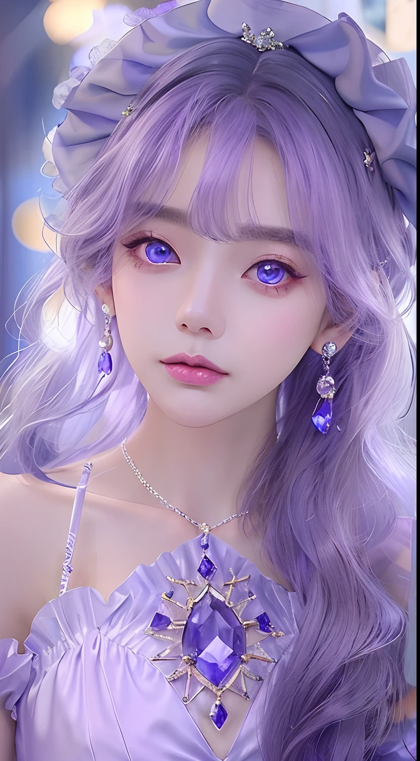 The appearance is very attractive, Wear a pair of purple gemstone pantyhose，Wearing a purple gemstone purple and white Lolita dress，Fair and delicate skin，The eyes are a pair of clear and bright sapphire blues，The hair is jewel purple，waist-high，The whole person exudes a fresh and lovely atmosphere，16 yaers old，Extremely realistic