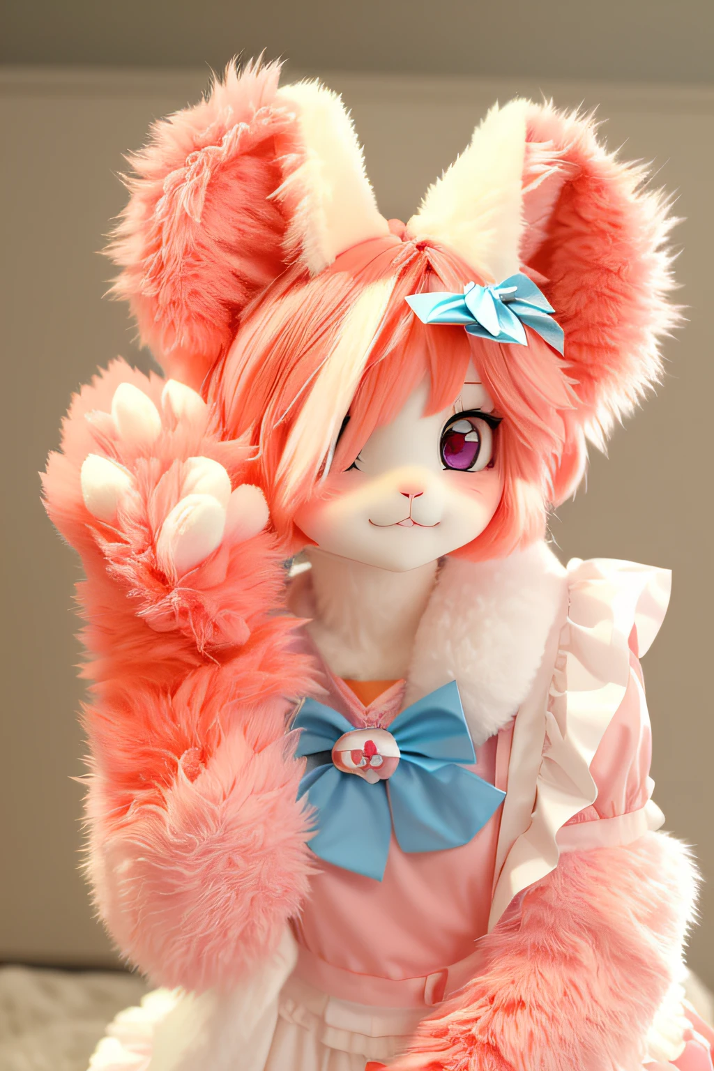 There is a pink and white stuffed toy,There are bows, cute fumo plush bunny girl, the bunny has pink fur, female furry mini cute style, cute fumo plush fox girl, Furry character, fur set, kemonomimi, macro furry, wearing a pink rabbit costume, Pink fox, fur set!!!!, the bunny has pink fur, female fursona