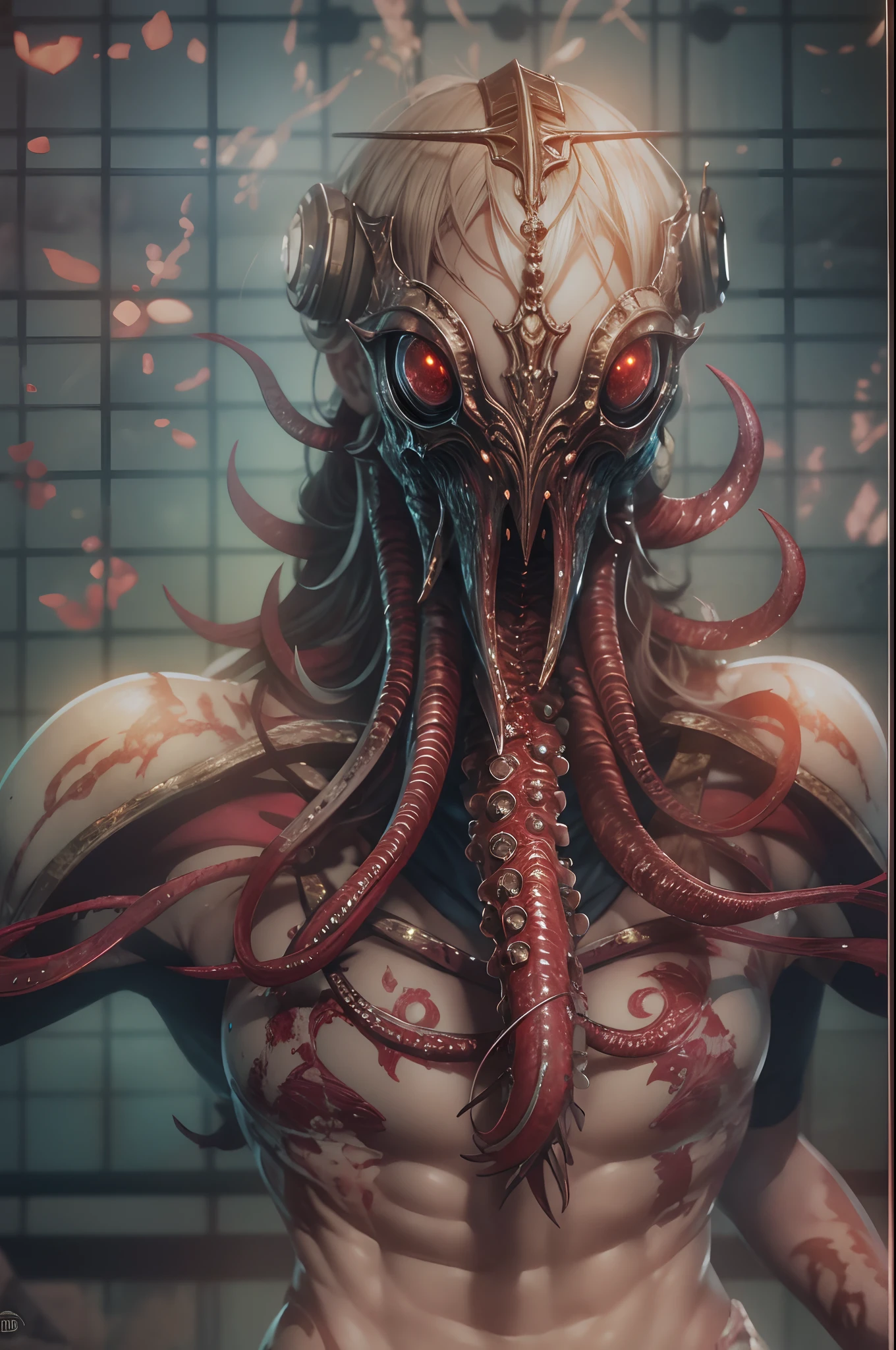 （the ocean：1.5），Cinematic image effects，Invasive alien creatures，Strange bullhead，Huge pliers，Spooky tentacles，blood vess，，Murderous，（Full body like：1.4），combats，blasts，of a real，Facial features are carefully depicted，Realistic skin texture，Dark style，depth of fields，high light，Real light，Ray traching，oc rendered，Hyper-realistic，best qualtiy，8K，Works of masters，super-fine，Detailed pubic hair，Correct anatomy，sharp focus on eyes，Bokeh，Facial features are carefully depicted