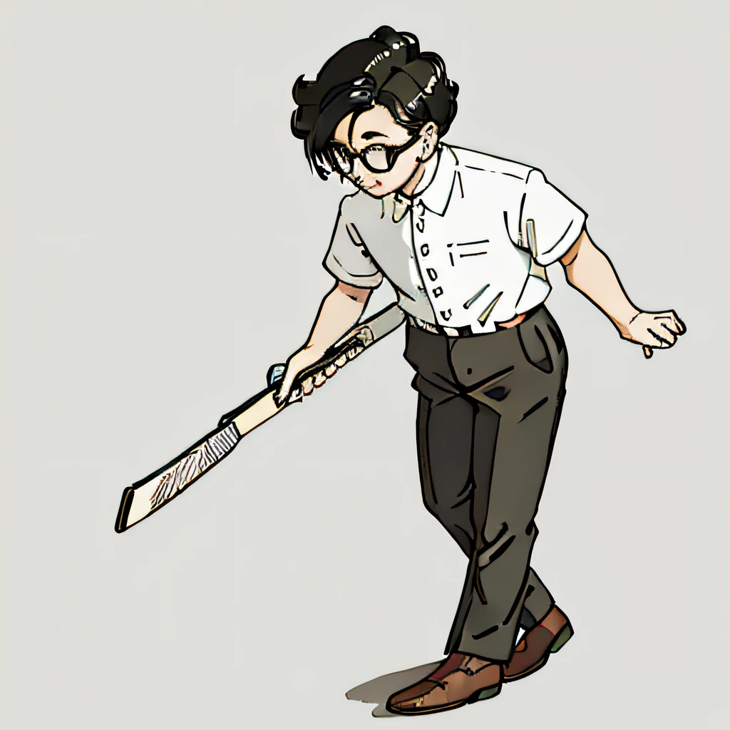 Black-haired boy，Wear a white shirt and black trousers，wears glasses