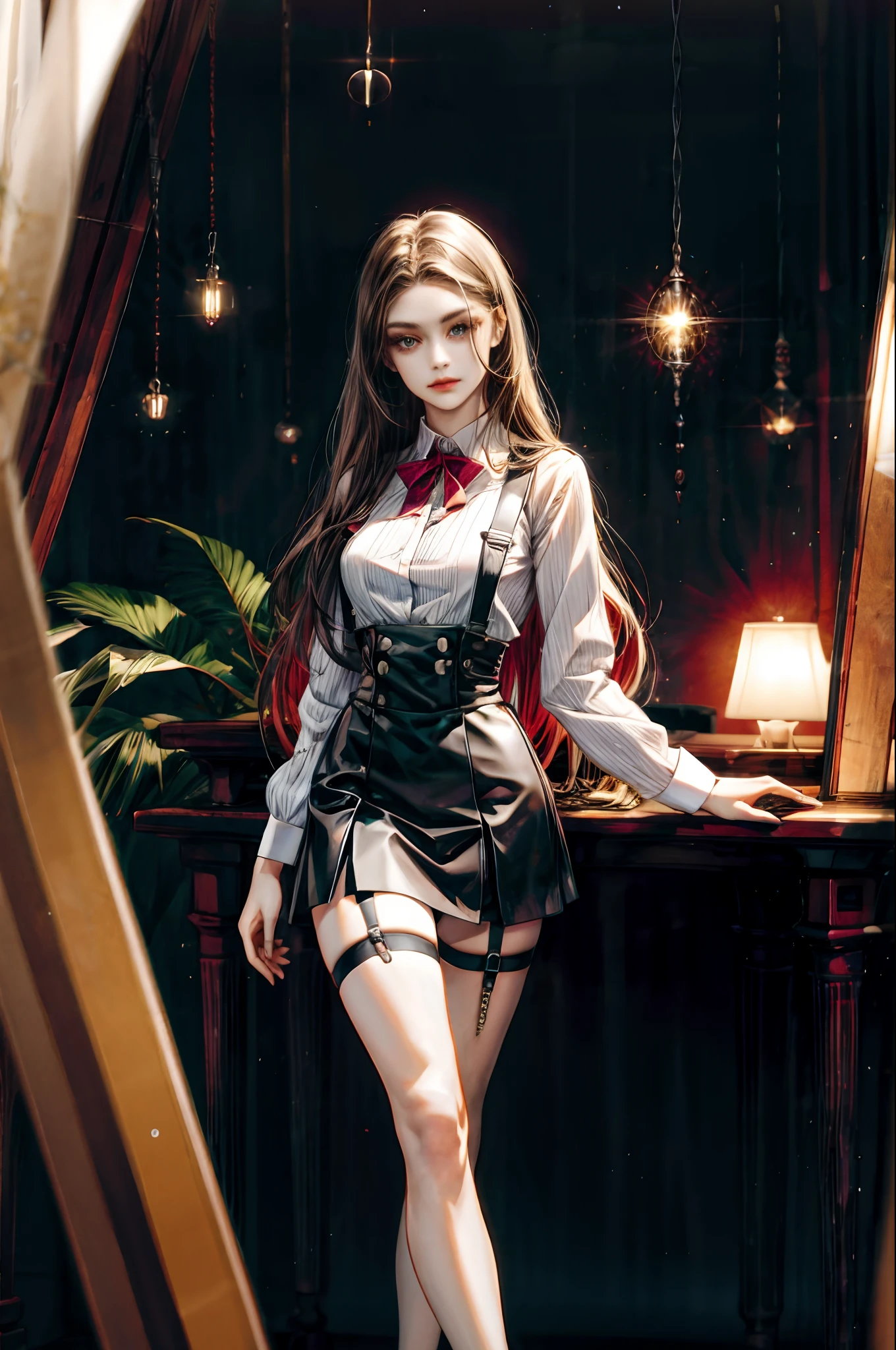 suspender stockings miniskirt woman long hair