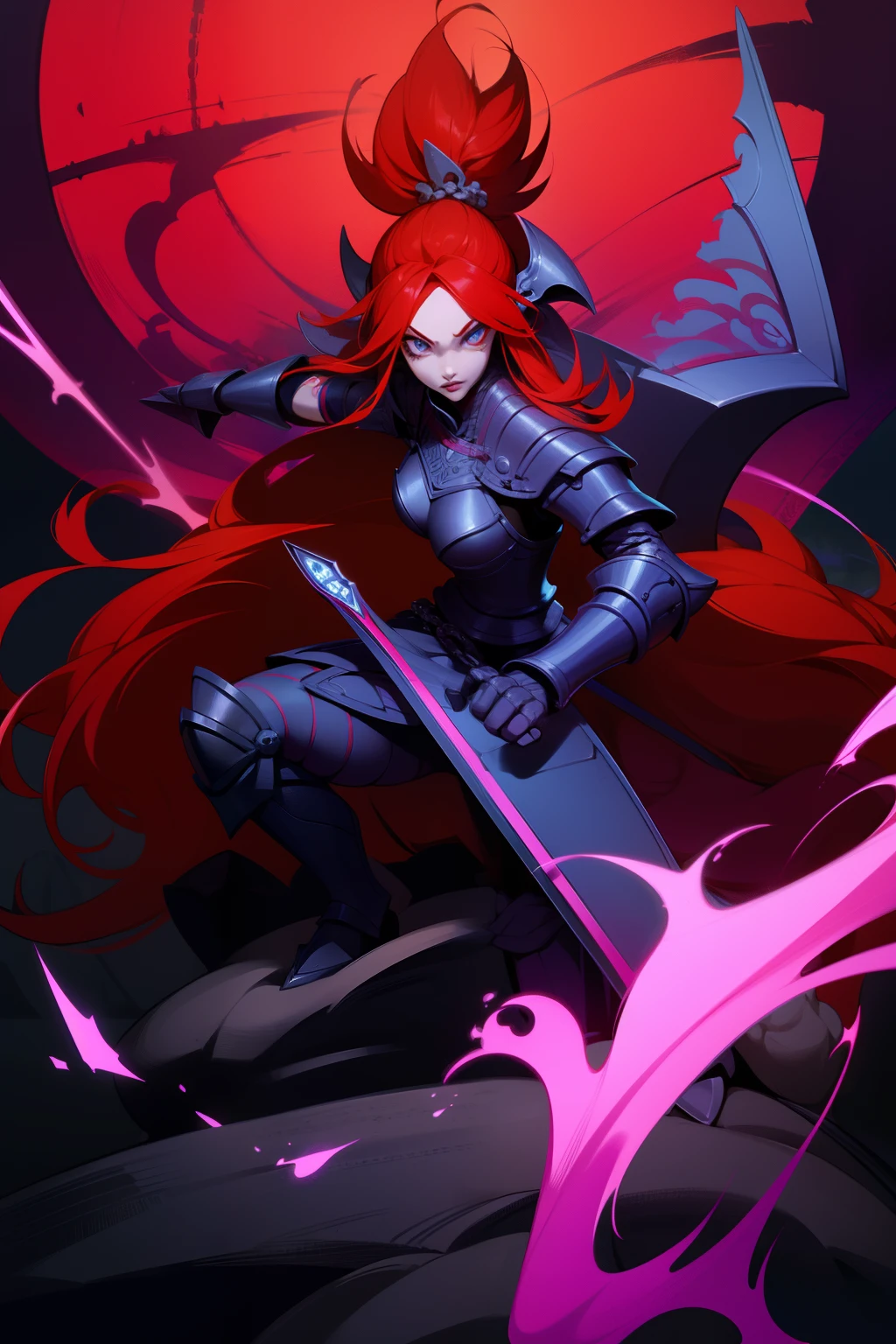 A fierce female warrior game asset character，Make a powerful pose with your sword, Long red hair flowing dynamically, Complex fantasy armor，Decorated with chains and skulls, Rune tattoo on the skin, Bright color scheme Correct unplaning