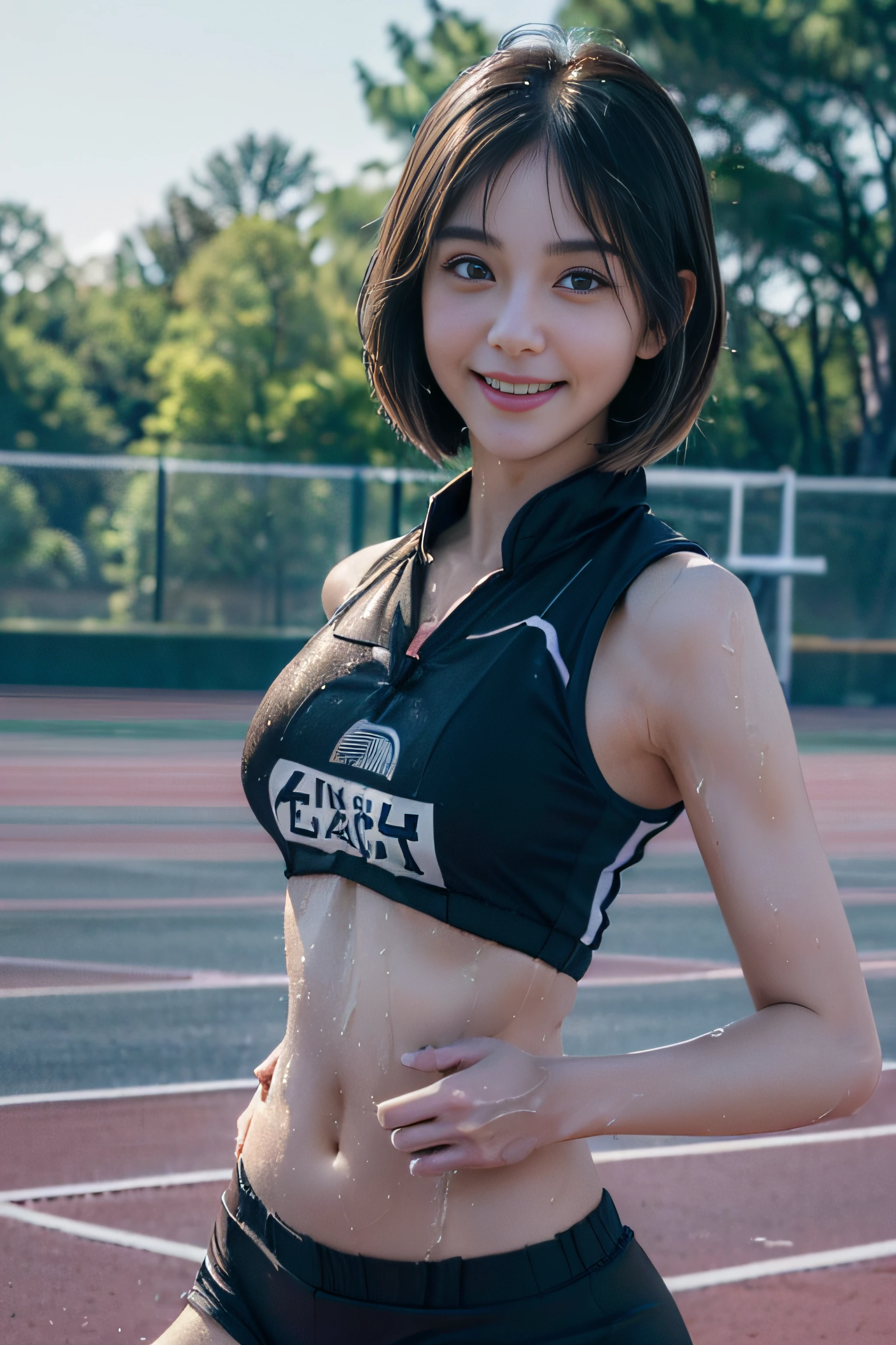 (2girls:1.2), (a detailed full-body RAW photo of a girl), (masutepiece:1.0), (Best Quality:1.4), (超A high resolution:1.2), (Photorealistic:1.4), 8K resolution, Canon EOS R5, 50mm, absurderes, ultra-detailliert, (18 year old), Sharp Focus, Cinematic lighting, Detailed beautiful face, (no-makeup:1.2), (ulzzang -6500-v1.1), petite figure, Detailed skin texture, flat chest, (skinny and fit body:1.6), Detailed brown hair,  sweltering,(Very short hair:1.5), (Very thin fit blue and white nike short cheerleader uniform:1.5), (tight mini skirts:1.3),  (tube top:1.3), (See-through:1.2), realistic glistening skin, (Sweating:1.3), detailed texture, (Japan athletes:1.5), (flat chest:1.5), (nobra:1.2), (Erect nipples:1.3), (Wet body:1.5), (wet uniform:1.5), (rain:1.5), (stick out hips and spread crotch:1.5), (Face the front:1.5),  (from below:1.5), (cameltoe:1.3), nsfw, (upskirts:1.5), (suntan:1.5)