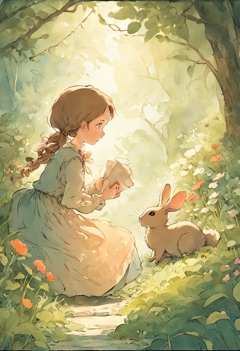 Picturebook illustration in Beatrix Potter style, Shows a girl and a rabbit drinking tea in the garden. The illustrations are charming and exquisite, Soft colors and details.
