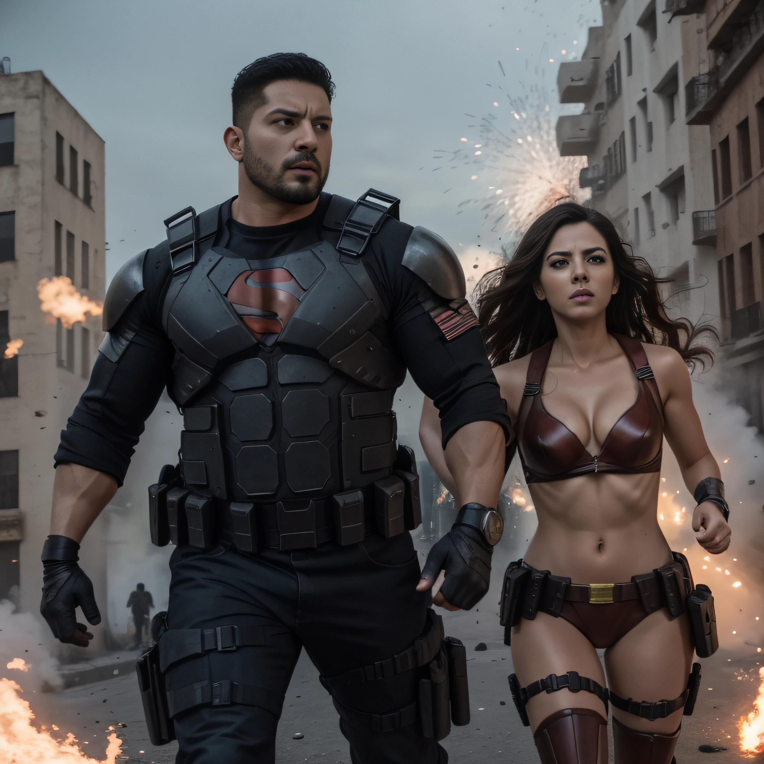 "Attractive man and woman in an action movie scene with explosions and superhero costumes, cuerpos musculosos, barba, rostros detallados y expresivos".