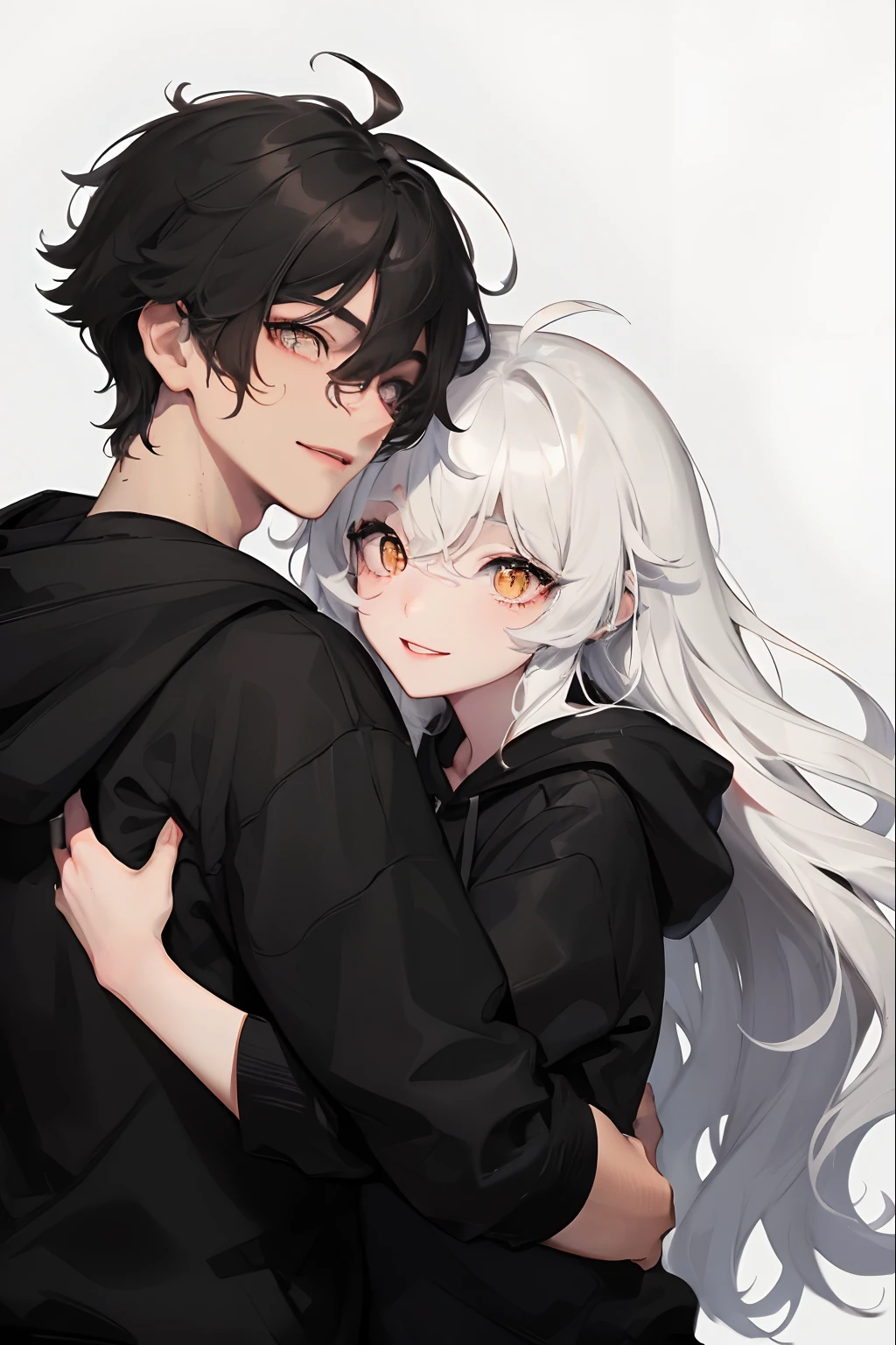 1woman, ((long white wavy hair)), swept bangs, ((golden eyes)), smile, modern clothes, hugging a ((boy with short messy black hair and black simple hoodie))