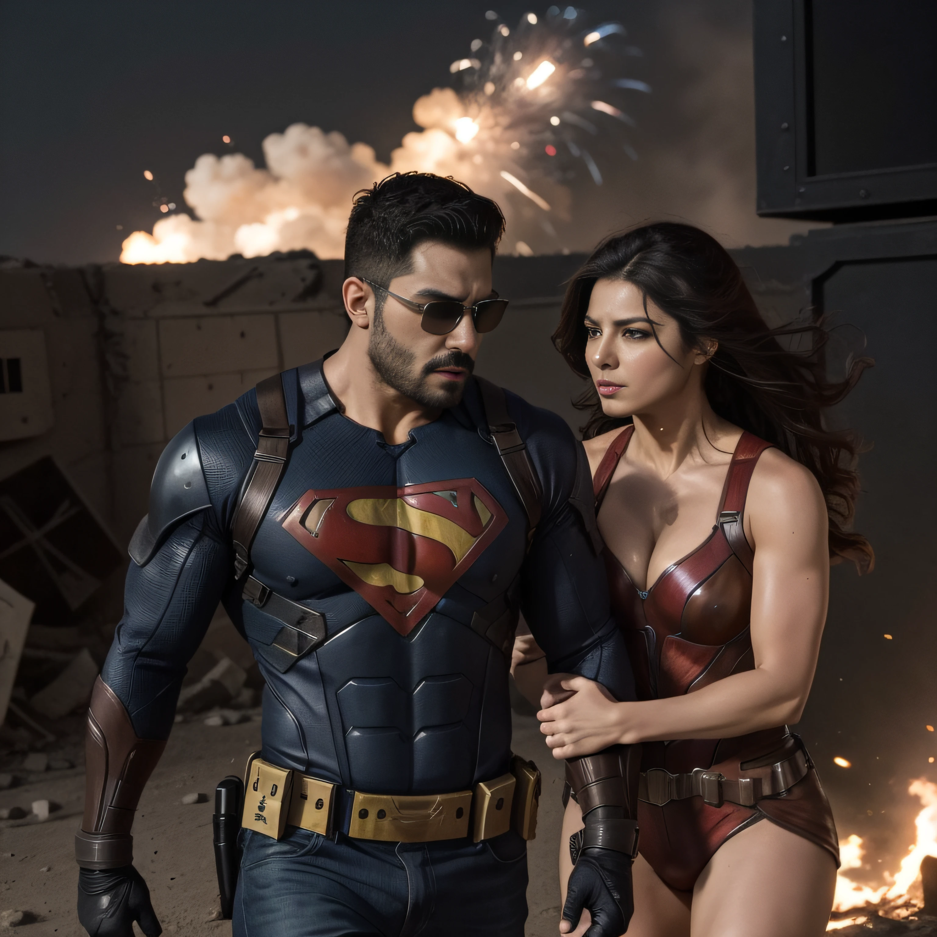 "Attractive man and woman in an action movie scene with explosions and superhero costumes, cuerpos musculosos, barba, rostros detallados y expresivos".