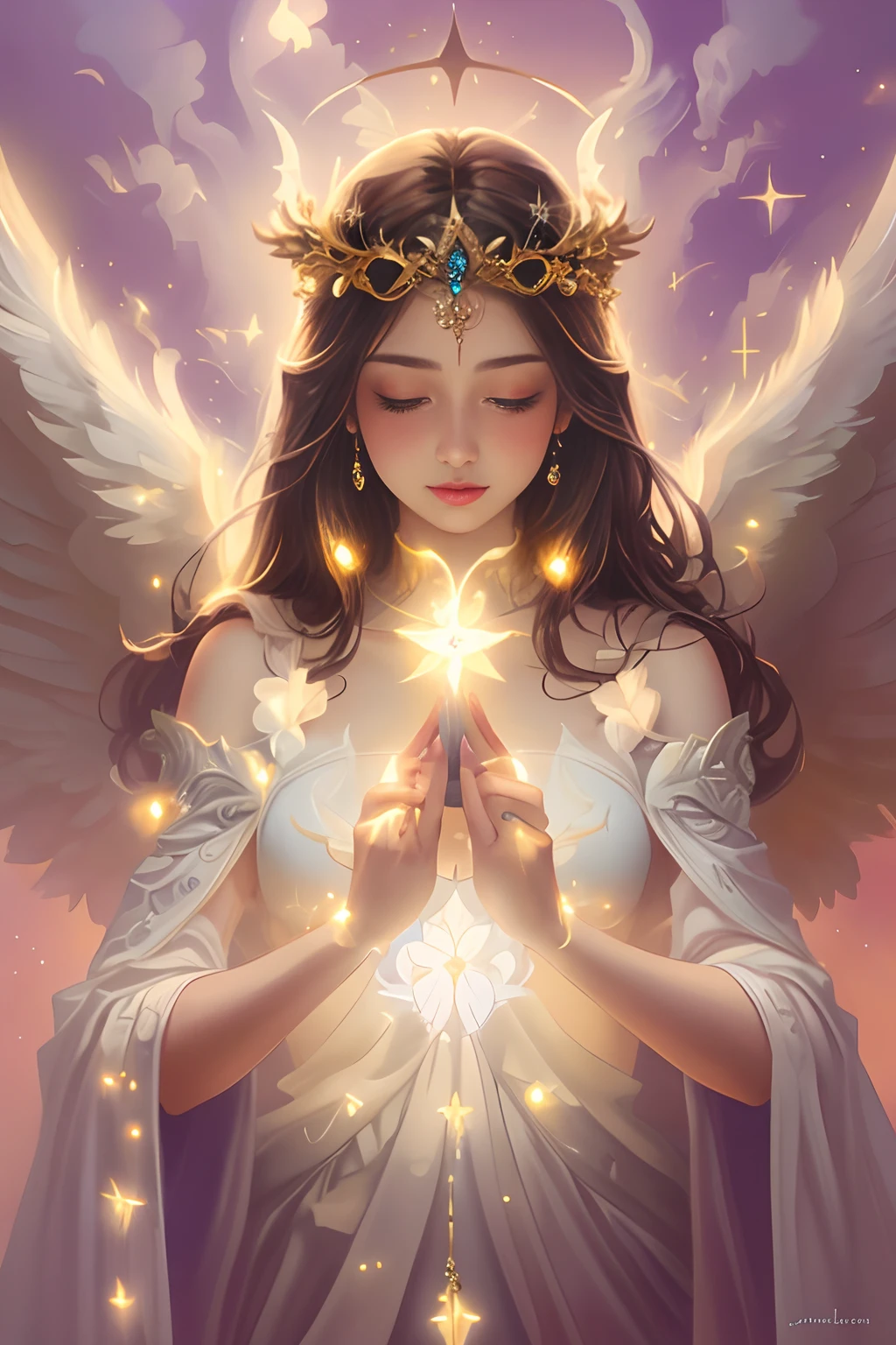 a woman with wings and a crown holding a star, glowing angelic being, ethereal angelic being of light, beautiful angel, of beautiful angel, beautiful female angel, angelic light, goddess of light, beautiful fantasy art, portrait of a beautiful angel, angel spirit guide, very beautiful fantasy art, detailed fantasy digital art, high quality fantasy art, beautiful celestial mage