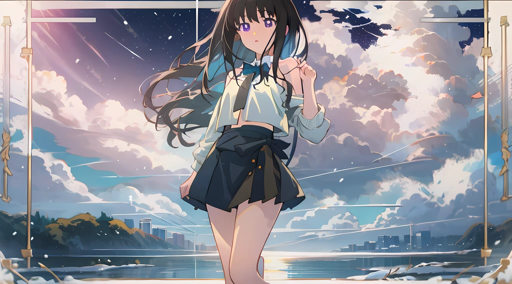 Inoue Takina, Long hair, bangs, Black hair, Purple pupils,short skirt,Bare legs,Extreme,Bare body,Expose the collarbone,cropped shoulders,Bare chest,Crop top,Naked crotch,neck bowtie,White socks,A long and wide river,the night,sitting under a cherry tree,Falling snow,snowfield,Thighs facing inward,Wide sky,small moon,Intricate clouds,Untie the collared shirt and tie,Picturesque night view of the city,The characters are naked,Cruise ships coming and going in the distance,mediuml breasts,Bare breasts,Cinematic texture,Anime art wallpaper 8k, Beautiful anime girl, 4k manga wallpapers,Detailed,The sky passes through meteors,Masterpiece,Detailed light,illustration,Petite body,Little white socks,Beautiful detailed eyes,shyexpression,Stroke the extremely delicate Cg on the thigh ,Highly detailed,(Masterpiece)), Dynamic Angle, (Best quality), Best shadow,Dynamic,Great snowfield,flower sea,winter,Small leather shoes,solo person,Sit by the river