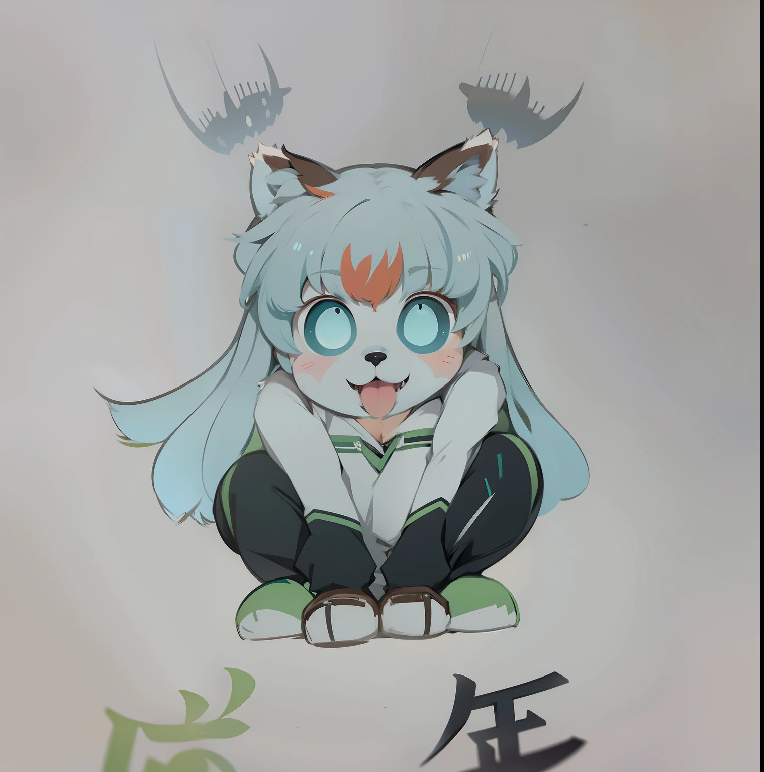 Light blue hair、long、Canine ears、White and green inner、Sitting、