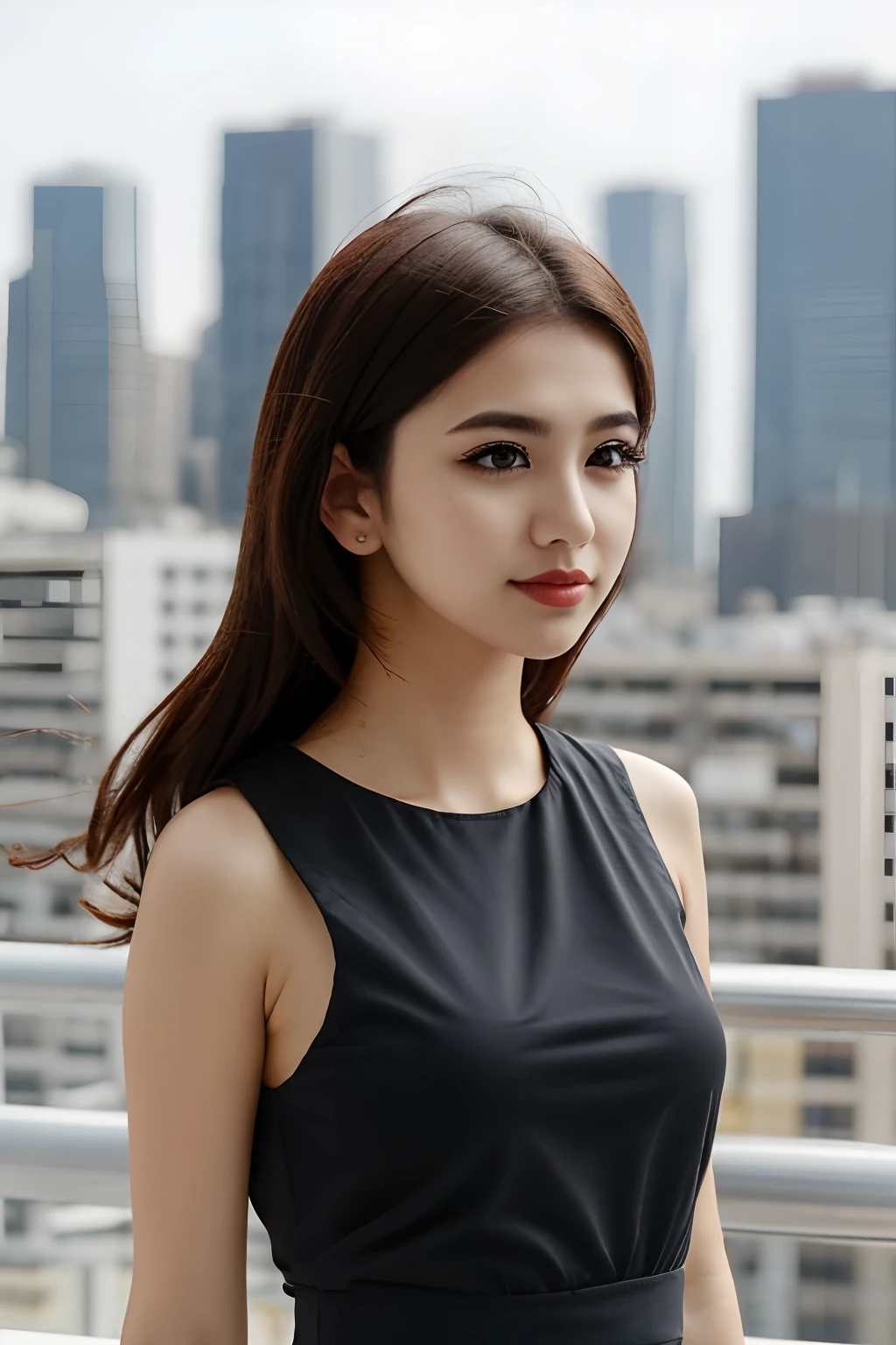 1girll, Upper body, Cityscape, The background is blurred out,