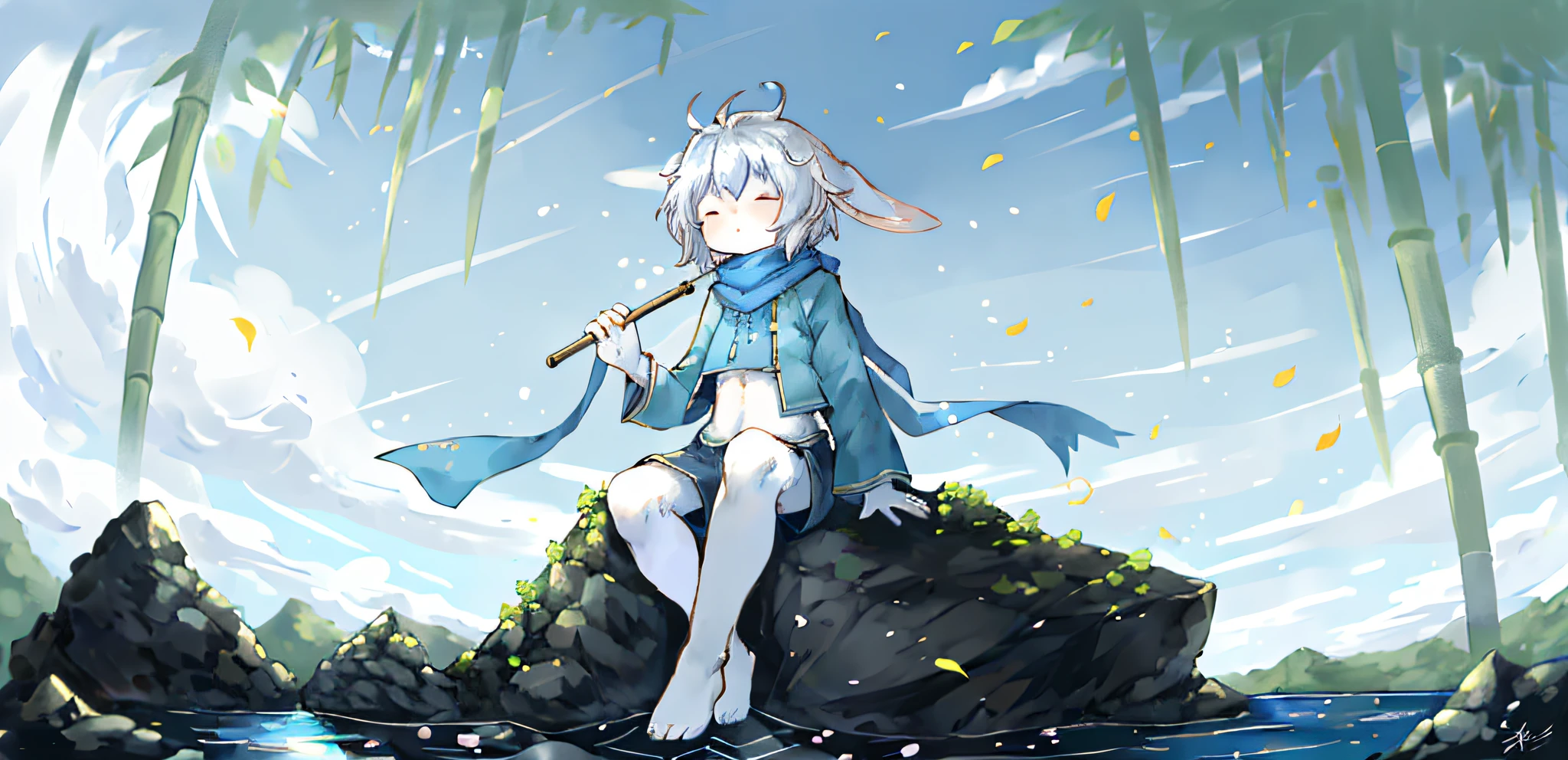 A white rabbit,Blue scarf,Reels on the legs,picture,picture,sitting cross-legged on a rock,is sitting on a rock,Scroll in hand,the sea,Close your eyes,Lift the brush,Flowing scarf,clear blue skies,Blue clothes,Giant rocks,Back to the sea,long bunny ears,Flowing ears,Fluffy hair,long sleeves shirt,k hd,Shota,adolable,White color hair,Colored clouds,rays of sunshine,brightly,Floating flowers,Fluttering petals,Bamboo slips,k hd,canvas,