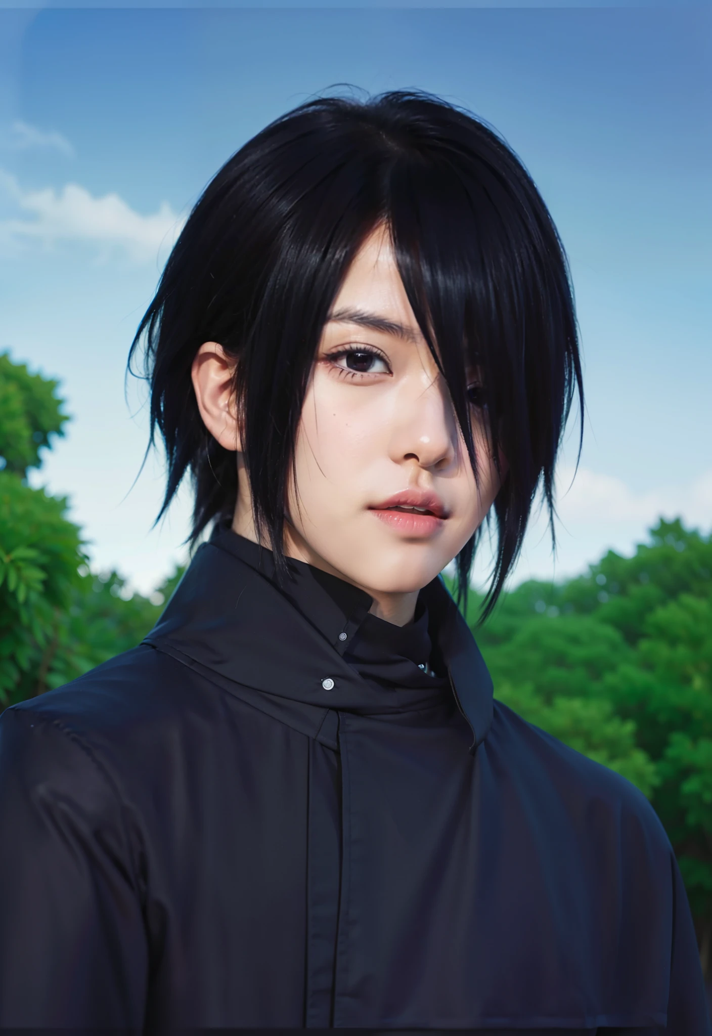real Life adaption of this character,his name is Sasuke uchiha from anime naruto ,hyper realistic ,detailed black hair, high resolution, photorealistic,very detailed,realistic outfit Black robe  ,korean teen handsome with Thin and small lips,detailed shining eyes,