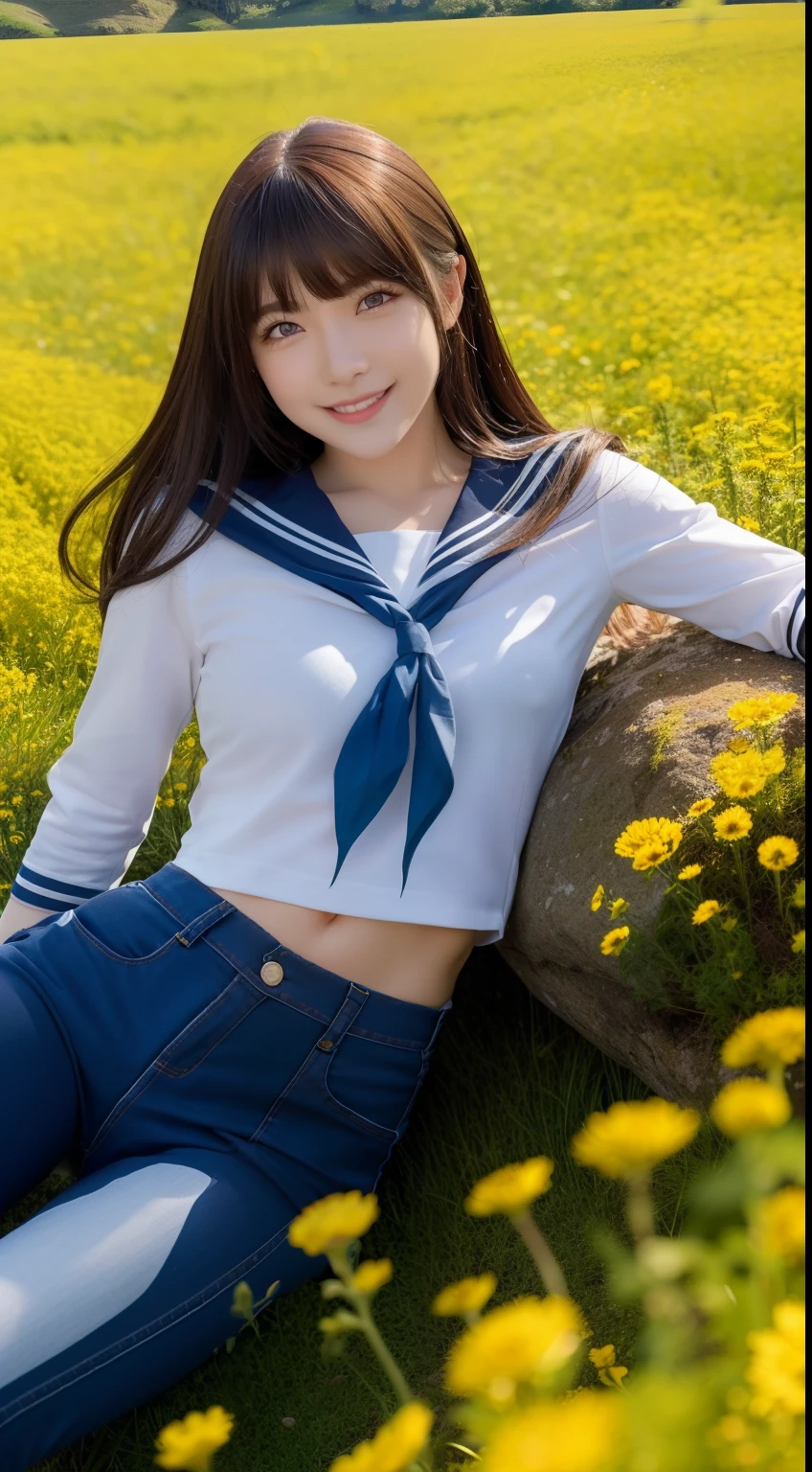 A smiling girl，Wear a tight sailor suit，denim pant，Lying on a large mossy rock in the middle of a field of rape flowers，com rosto detalhado，The eyes are delicate，The photo quality is the best，Realistic image quality，Background diffuse lighting，Depth of field display。