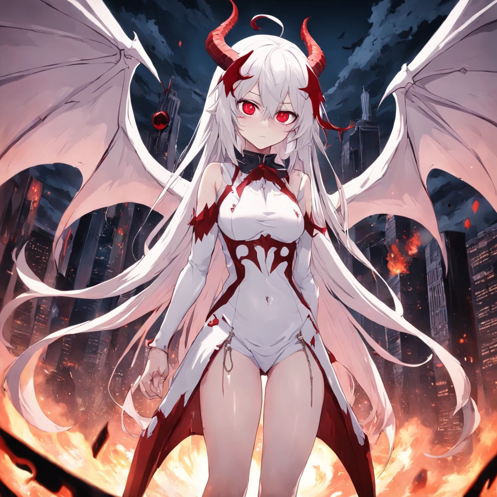 whaite hair,Red eyes,long whitr hair,demonic horns,Broken sailor suit,Girl body type,There are devil's wings on the back,He had a little blood on him,8K,Look into the camera,Dynamic,Background of the destroyed city,Scythe of Death