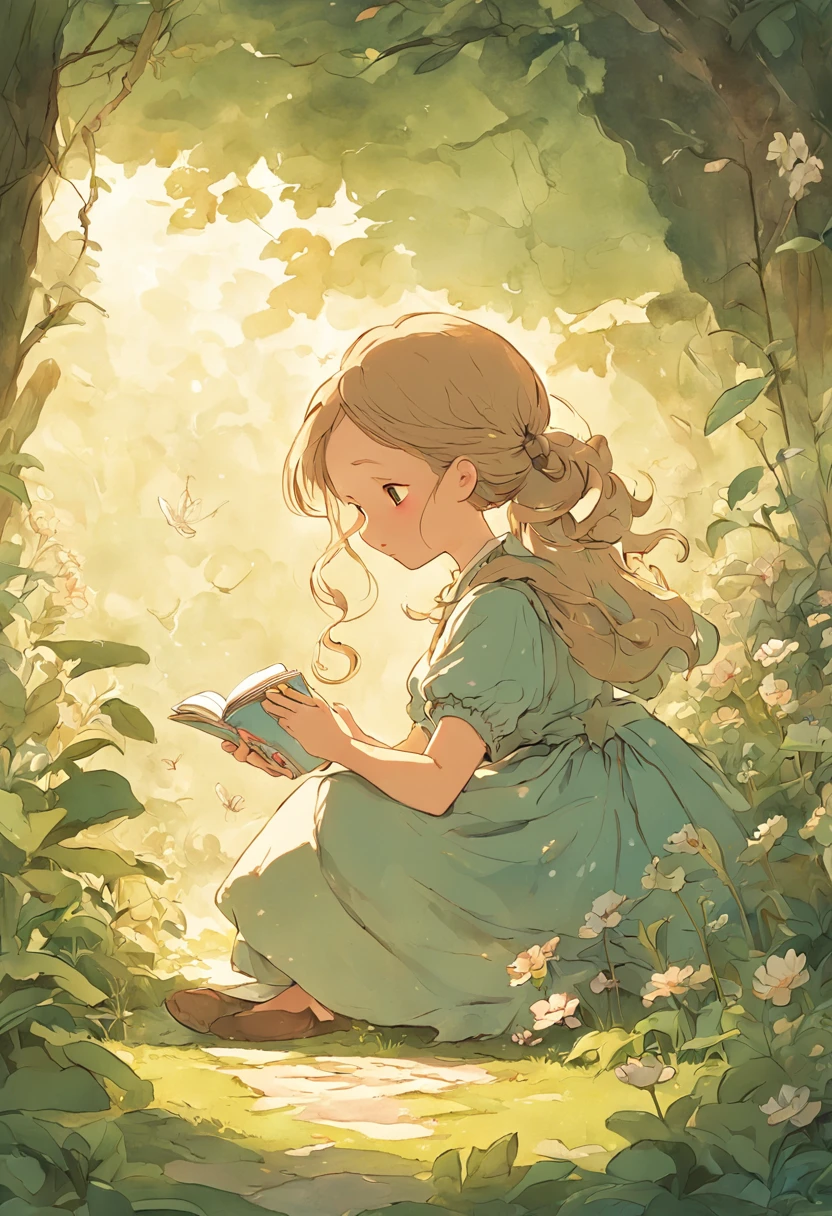 Picturebook illustration in Beatrix Potter style, Shows a girl and a rabbit drinking tea in the garden. The illustrations are charming and exquisite, Soft colors and details.