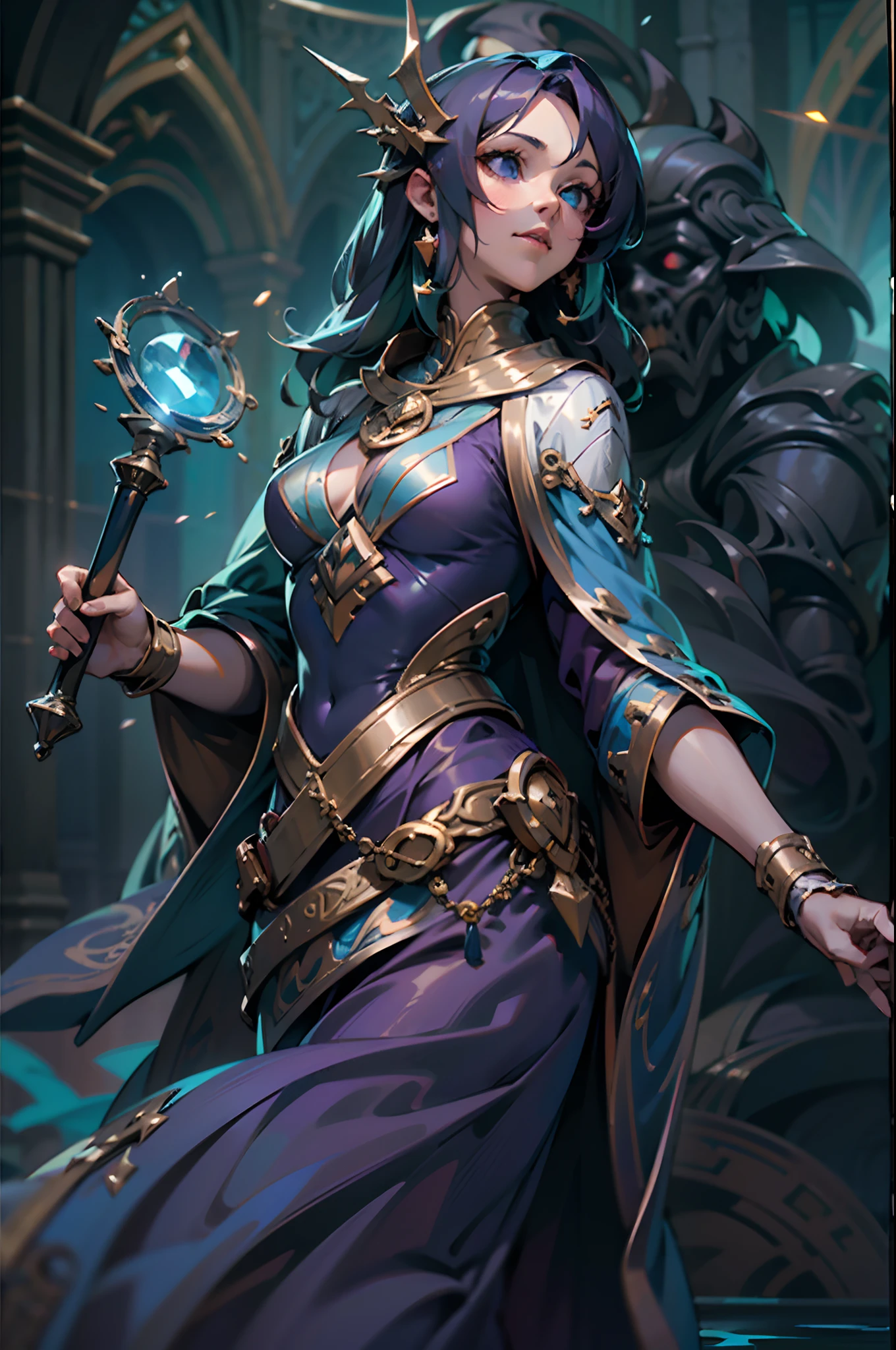 Game character standing drawing design,magestic,Gorgeous purple robes wrapped around the entire body,Hold a stout beer, Ornate staffs set with magical gemstones,Water magic,high-heels,Different layers overlay,Different angles,(full bodyesbian:1.4),solid color backdrop,clean backdrop,depth of fields,high light,Real light,Ray traching,oc rendered,Hyper-realistic,best qualtiy,8K,Works of masters,super-fine,Detailed pubic hair,Correct anatomy,