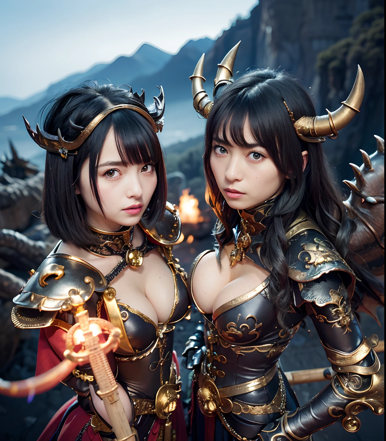 (masutepiece), Professional , ​masterpiece、top-quality、photos realistic , depth of fields （Gemstone Black Metal Body:1.９),(Matte Black、（cleavage of the breast）、Dragon Gold Weapon（Dragon Metal Body:1.４),Gorgeous gold weapons ,（（ Dragon's dense and gorgeous sword）） , Beautiful knife   ,warhammer 40k , adepta sororitas,Detail and gorgeous crown、（（Blue hair））、（Castle background）、The dragon、（（Gangle's forest background））、Beautiful Caucasian beauty、（１a person）、dynamic ungle,(((Detailed and ornate Black Devil Crown)))、Smaller head、A smile、Castle background、Thin and beautiful female hands、cleavage of the breast、Soldier in iron armor on background、Mystical expression、Light Effects、Wind-effect、magic circles、With the legendary magic wand、（demonic wings）、（Blue hair）、（1 persons）、Battle Look、Anatomically correct body、Toostock、Toostock、Fighting、