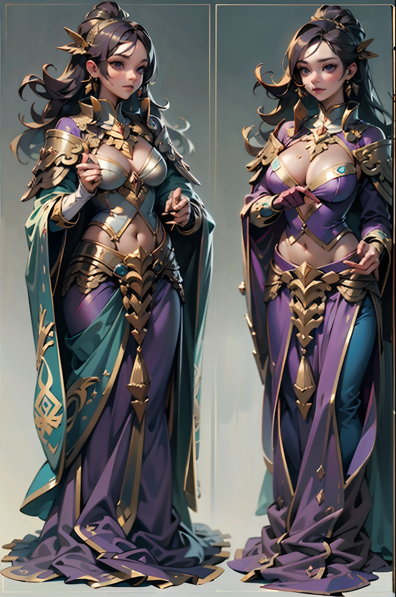 Game character standing drawing design,magestic,Gorgeous purple robes wrapped around the entire body,Hold a stout beer, Ornate staffs set with magical gemstones,Water magic,high-heels,Different layers overlay,Different angles,(full bodyesbian:1.4),solid color backdrop,clean backdrop,depth of fields,high light,Real light,Ray traching,oc rendered,Hyper-realistic,best qualtiy,8K,Works of masters,super-fine,Detailed pubic hair,Correct anatomy,