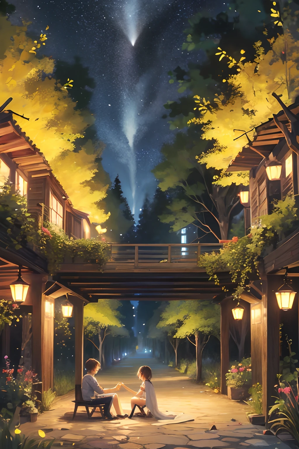 Country nights,The starry sky twinkles,Men and women sit together under large trees,Summer lights and fireflies dance。Two legs